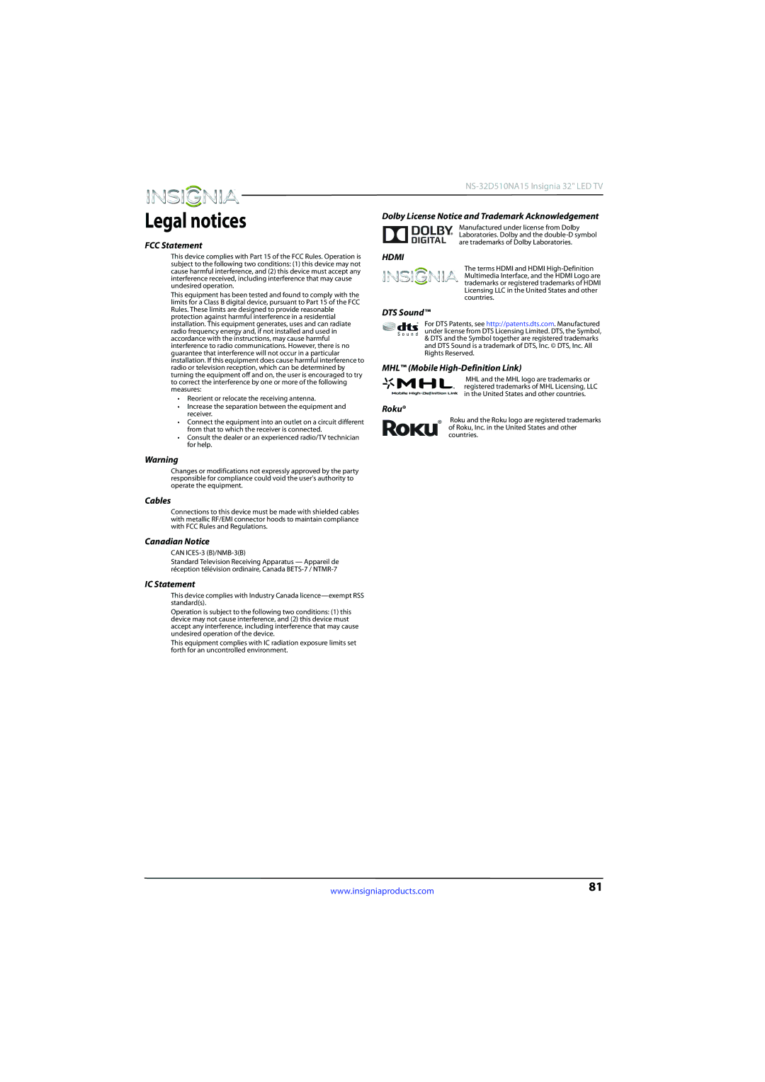 Insignia NS-32D510NA15 manual Legal notices, FCC Statement 