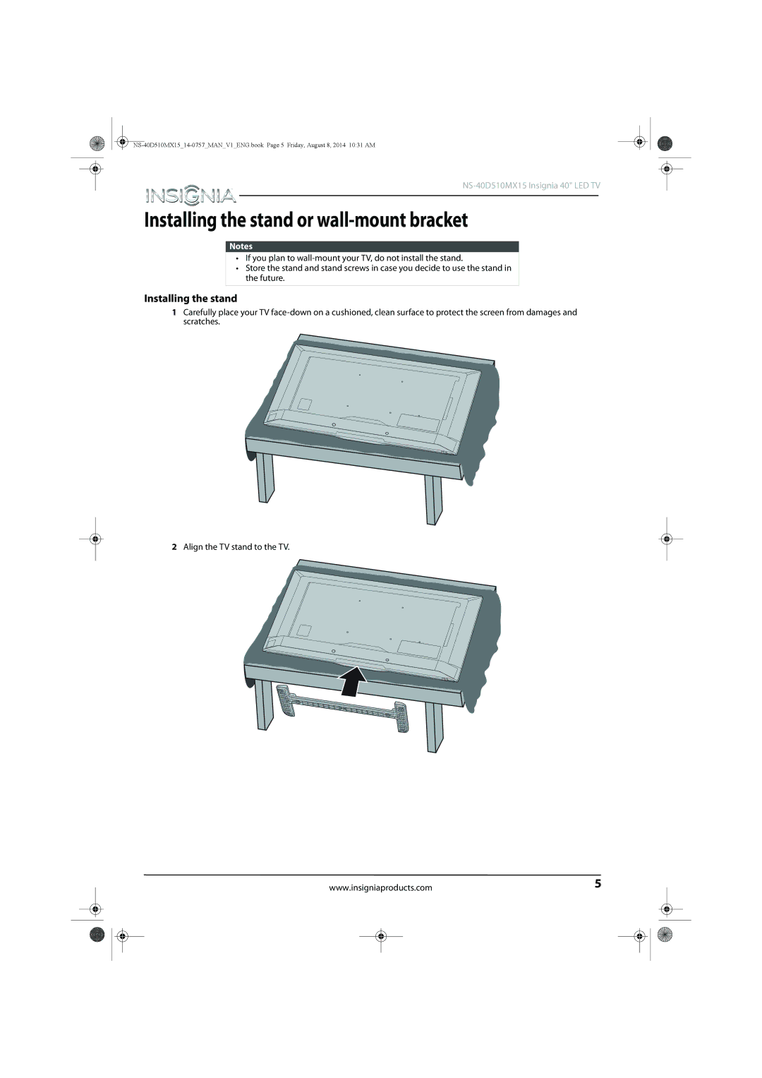 Insignia NS-40D510MX15 manual Installing the stand or wall-mount bracket 