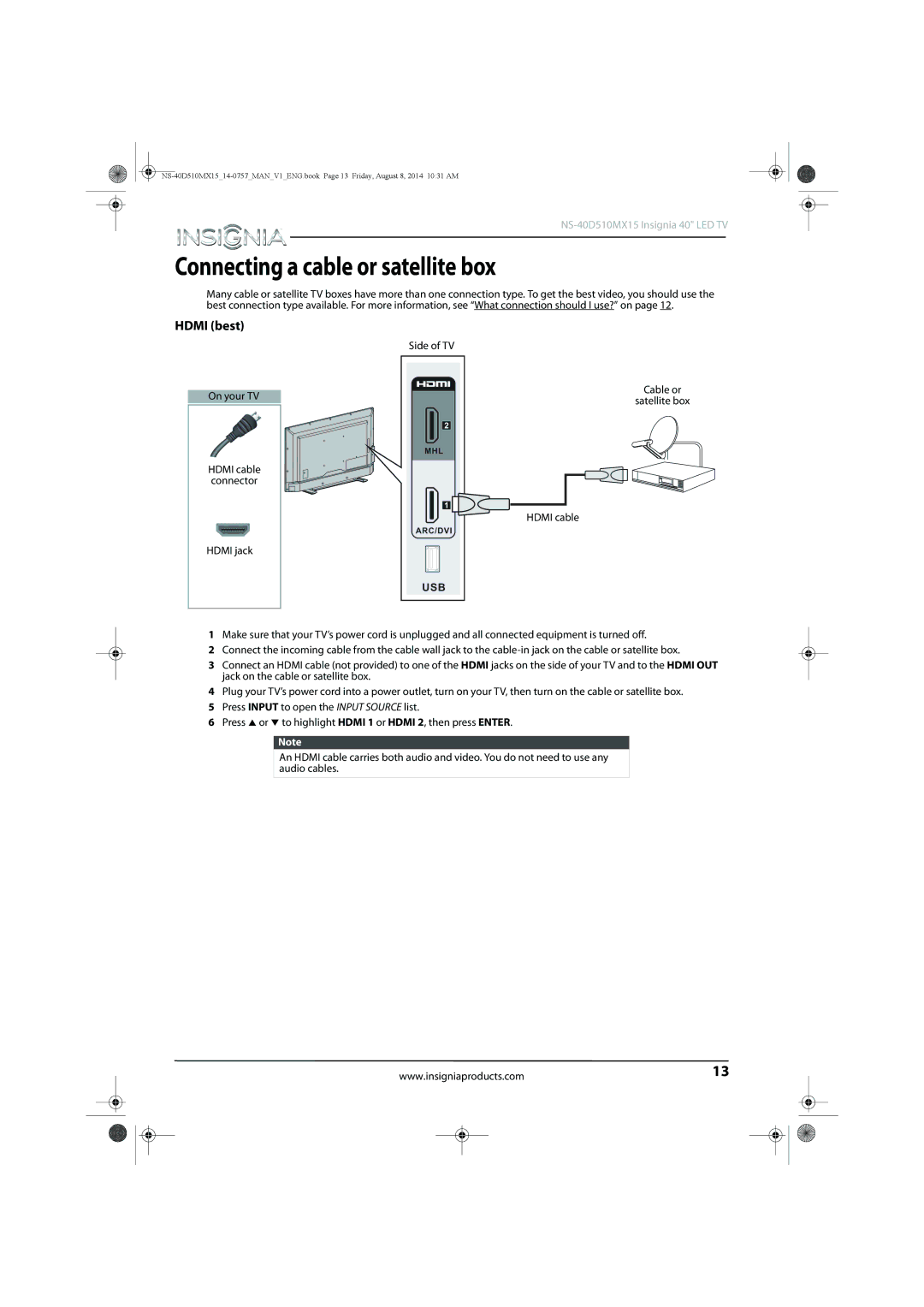 Insignia NS-40D510MX15 manual Connecting a cable or satellite box, Hdmi best 