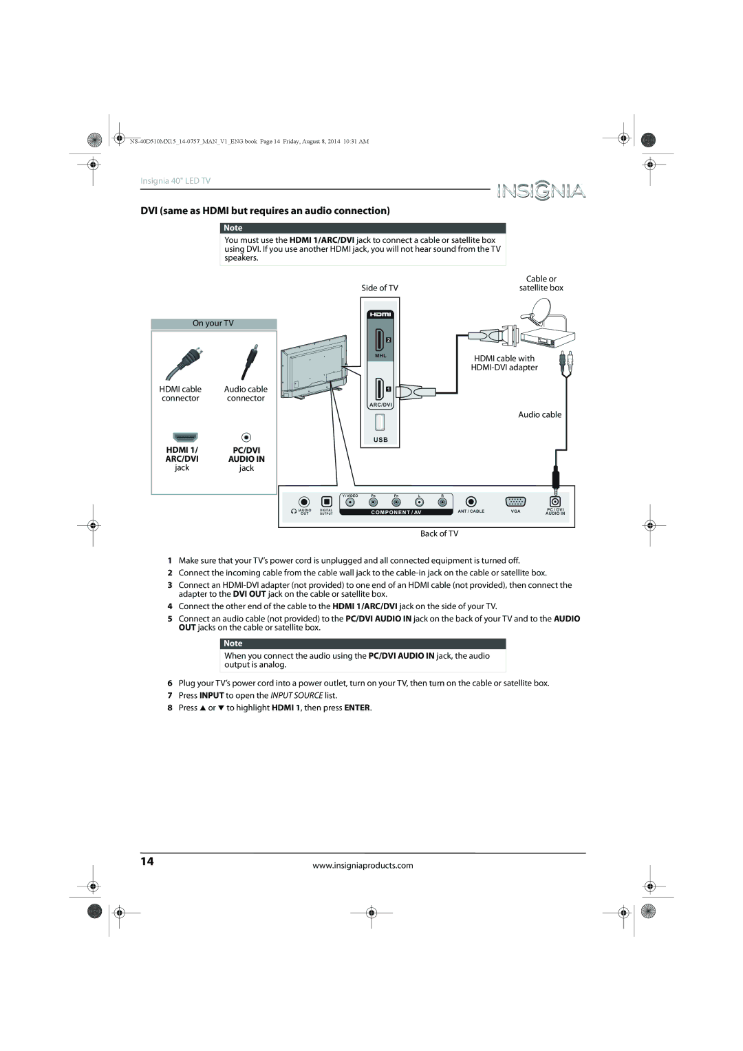 Insignia NS-40D510MX15 manual DVI same as Hdmi but requires an audio connection 