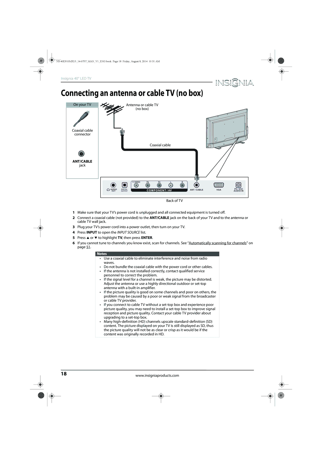 Insignia NS-40D510MX15 manual Connecting an antenna or cable TV no box 