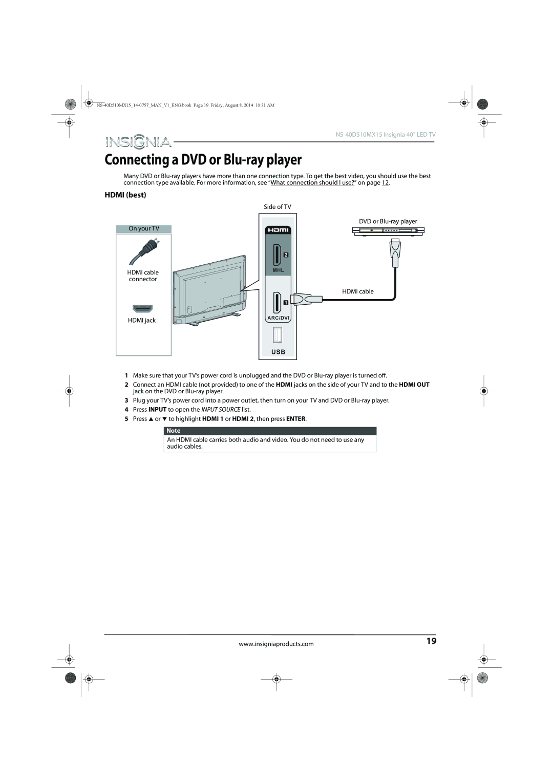 Insignia NS-40D510MX15 manual Connecting a DVD or Blu-ray player, Hdmi best 