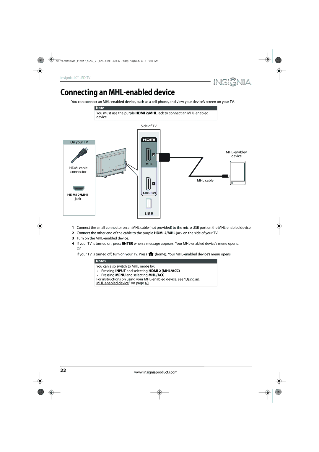 Insignia NS-40D510MX15 manual Connecting an MHL-enabled device, Hdmi 2/MHL 