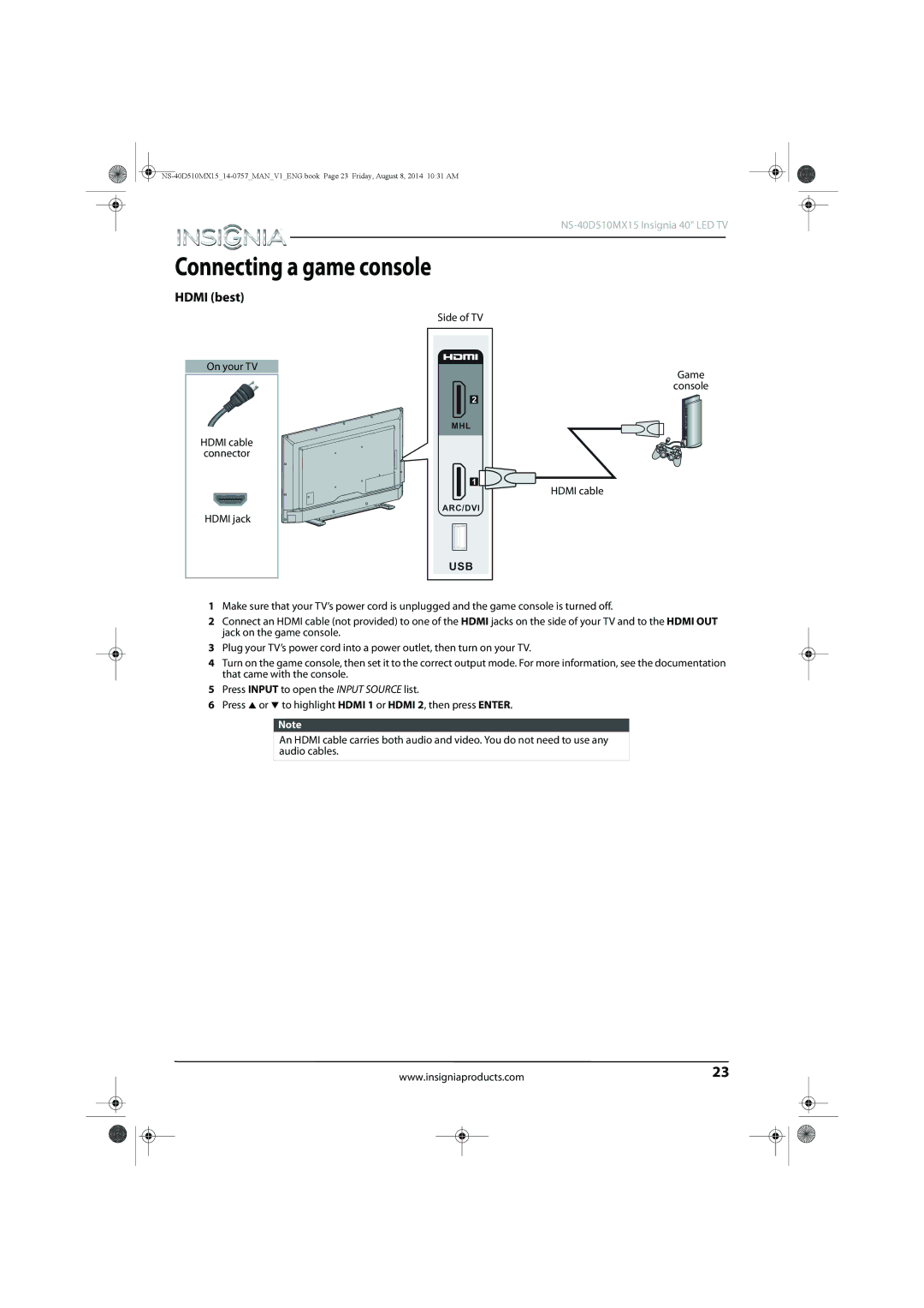 Insignia NS-40D510MX15 manual Connecting a game console, Hdmi best 