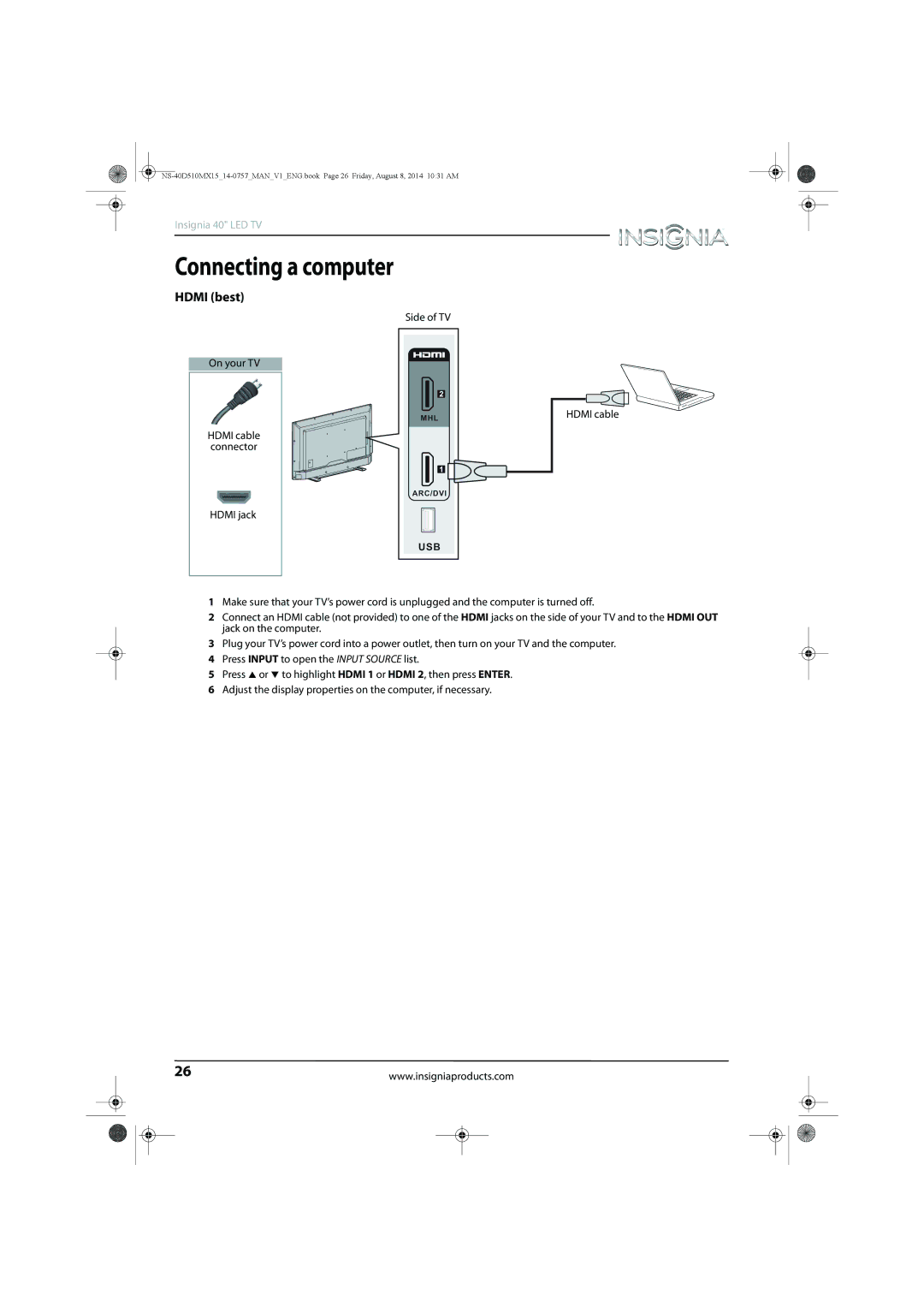 Insignia NS-40D510MX15 manual Connecting a computer, Hdmi best 