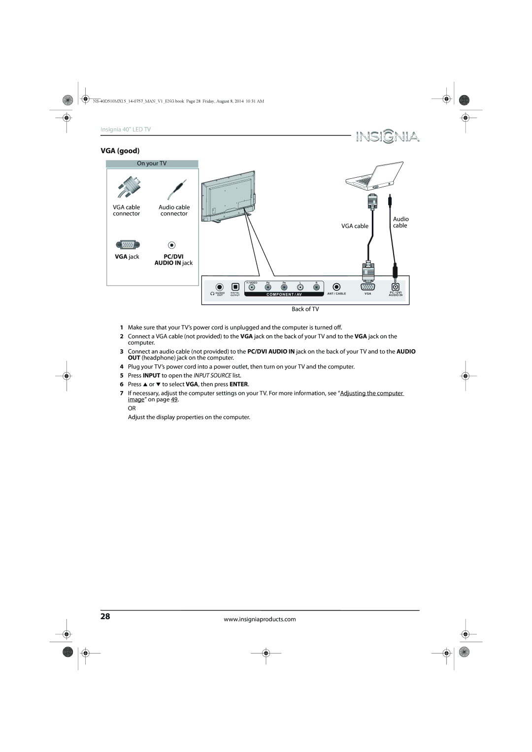 Insignia NS-40D510MX15 manual VGA good, VGA jack 