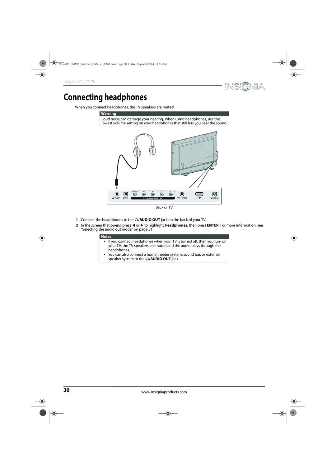 Insignia NS-40D510MX15 manual Connecting headphones, When you connect headphones, the TV speakers are muted 