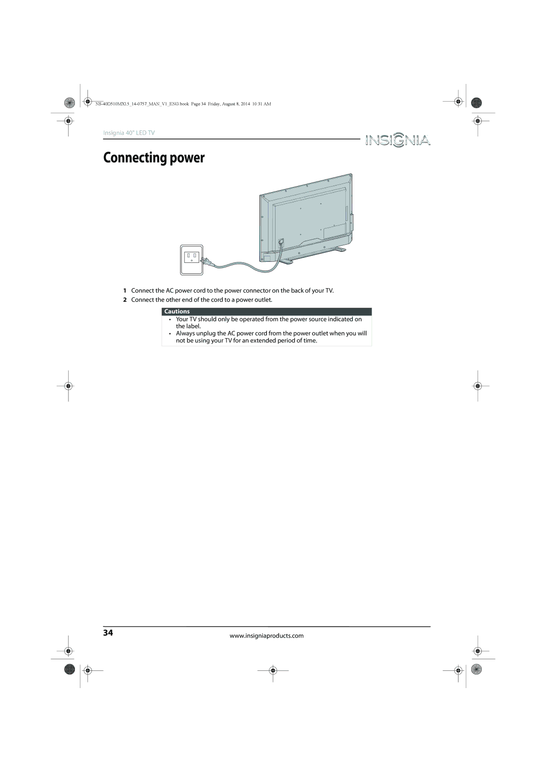 Insignia NS-40D510MX15 manual Connecting power 