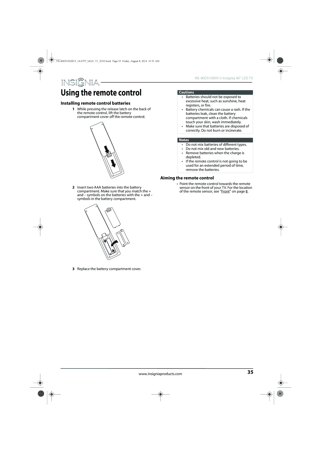 Insignia NS-40D510MX15 manual Installing remote control batteries, Aiming the remote control 