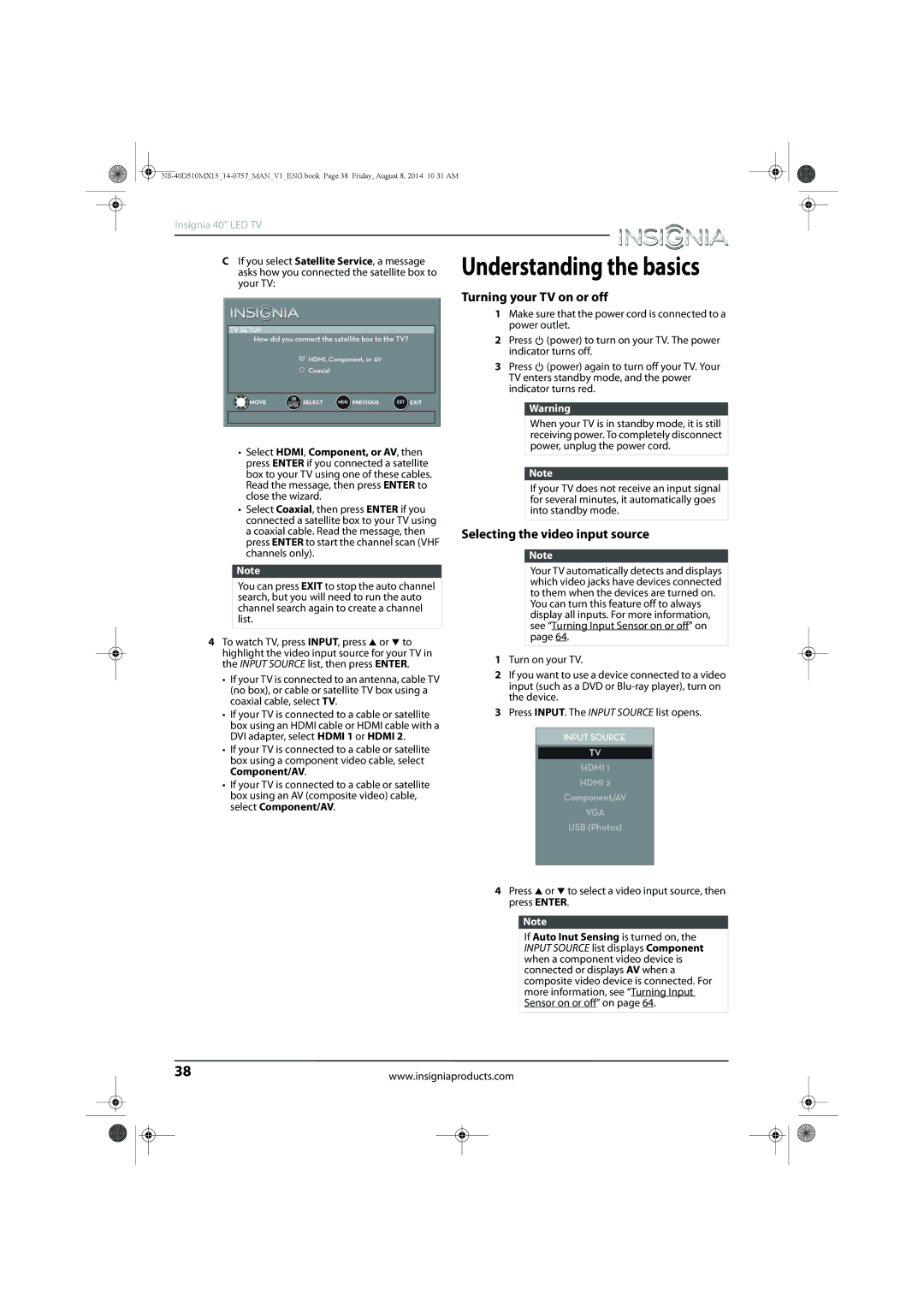 Insignia NS-40D510MX15 manual Turning your TV on or off, Selecting the video input source 