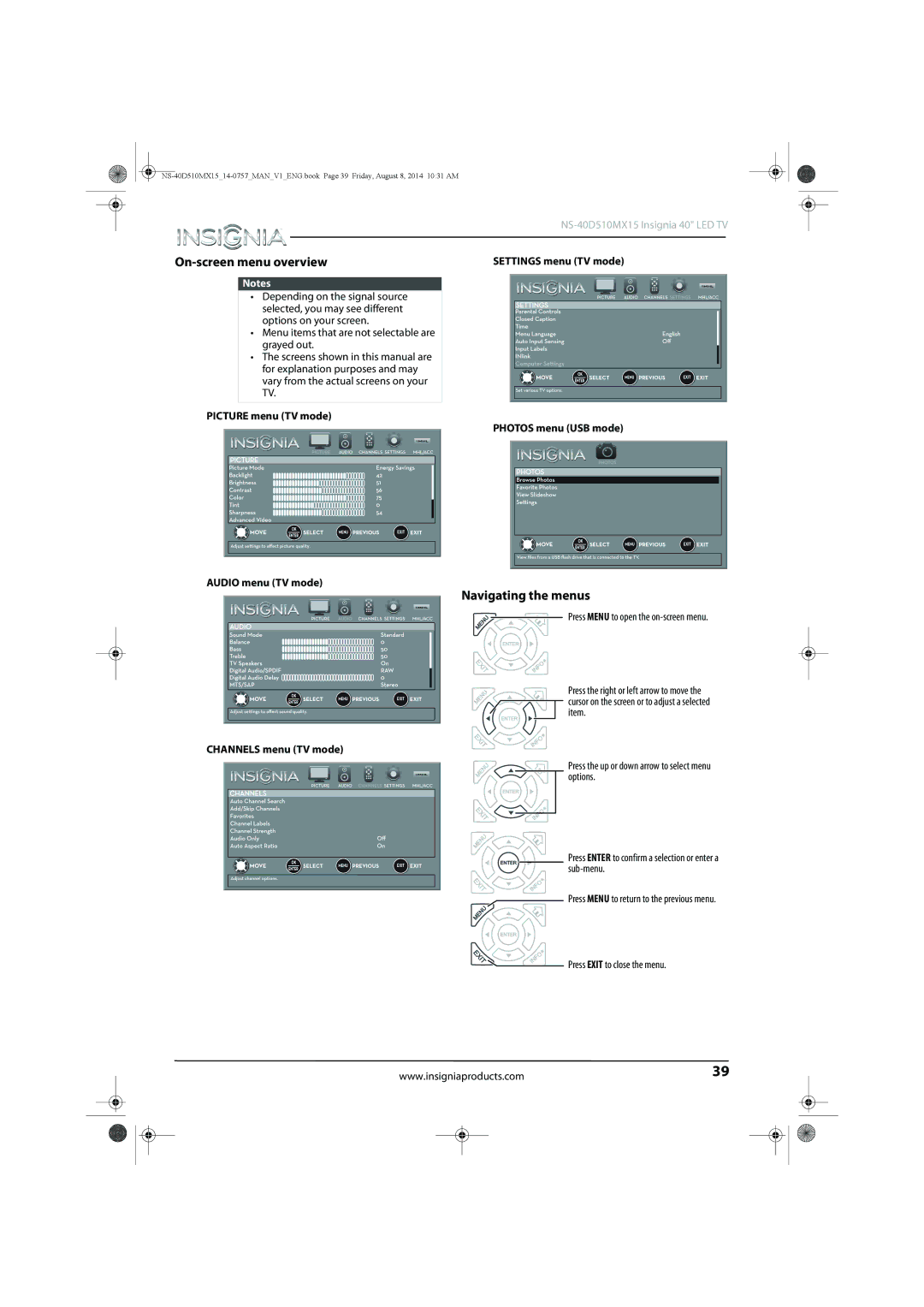 Insignia NS-40D510MX15 manual On-screen menu overview, Navigating the menus, Channels menu TV mode 