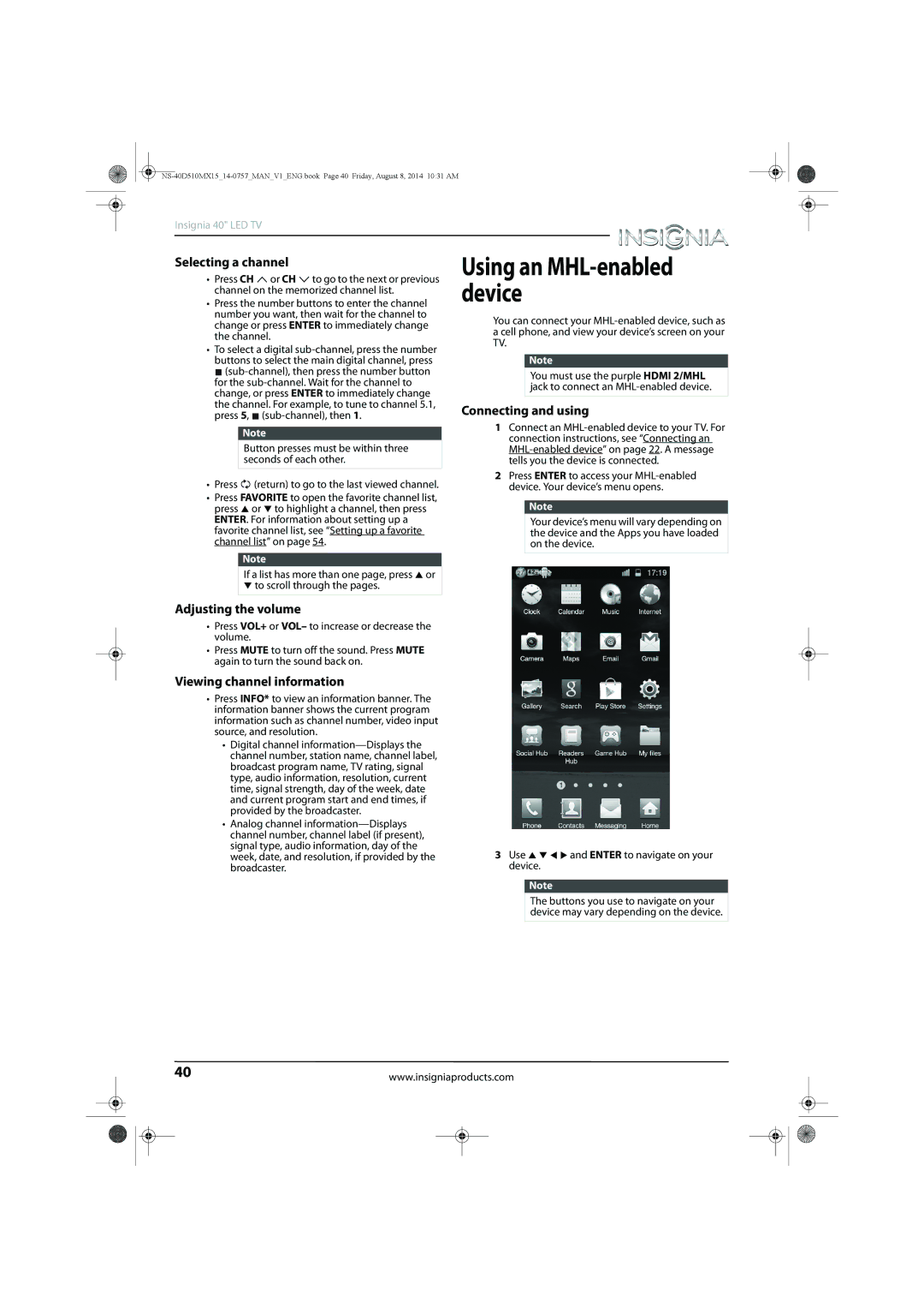 Insignia NS-40D510MX15 manual Selecting a channel, Adjusting the volume, Viewing channel information, Connecting and using 