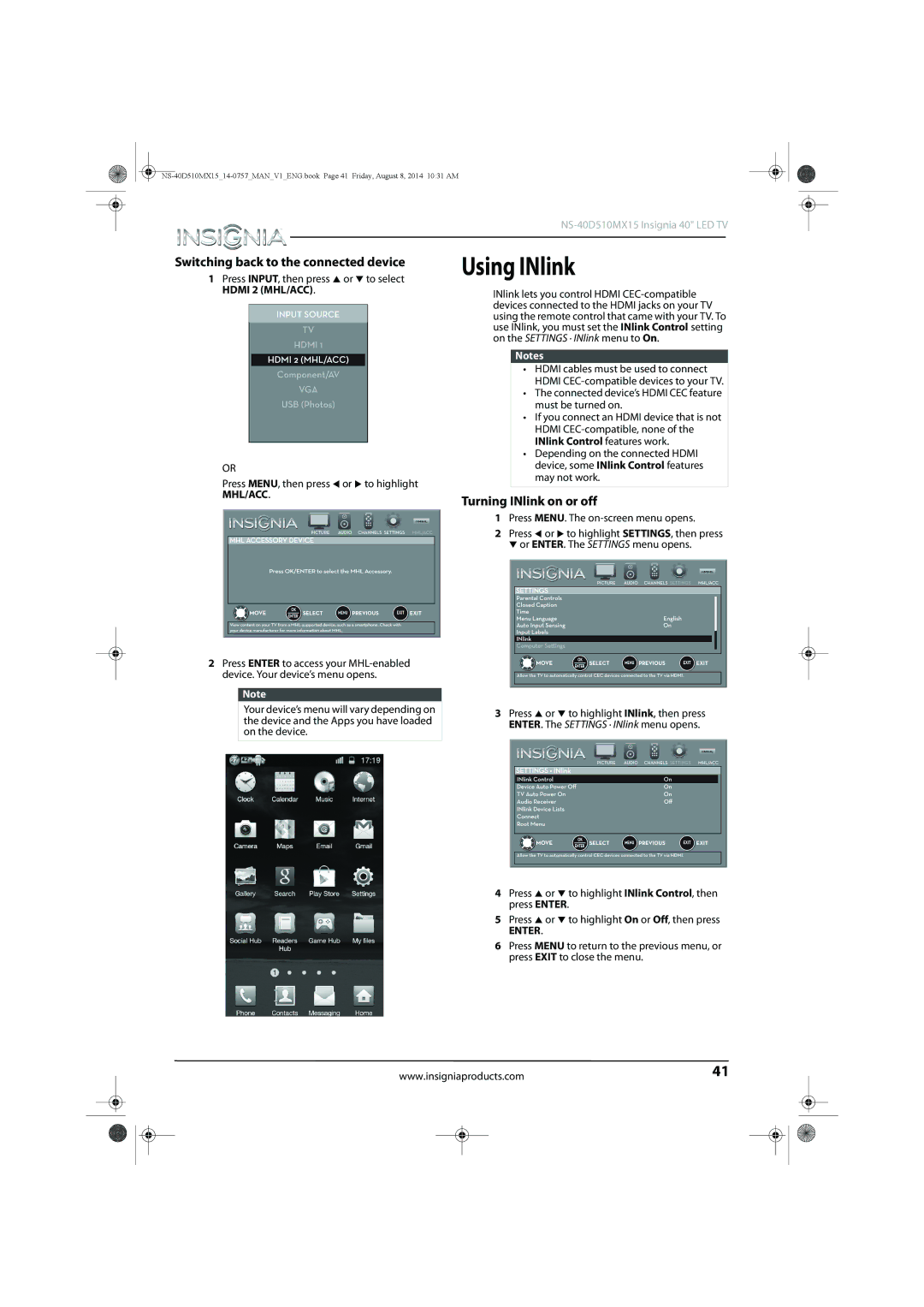 Insignia NS-40D510MX15 manual Using INlink, Switching back to the connected device, Turning INlink on or off 