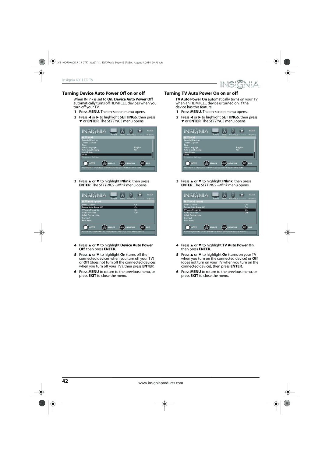 Insignia NS-40D510MX15 manual Turning Device Auto Power Off on or off, Turning TV Auto Power On on or off 