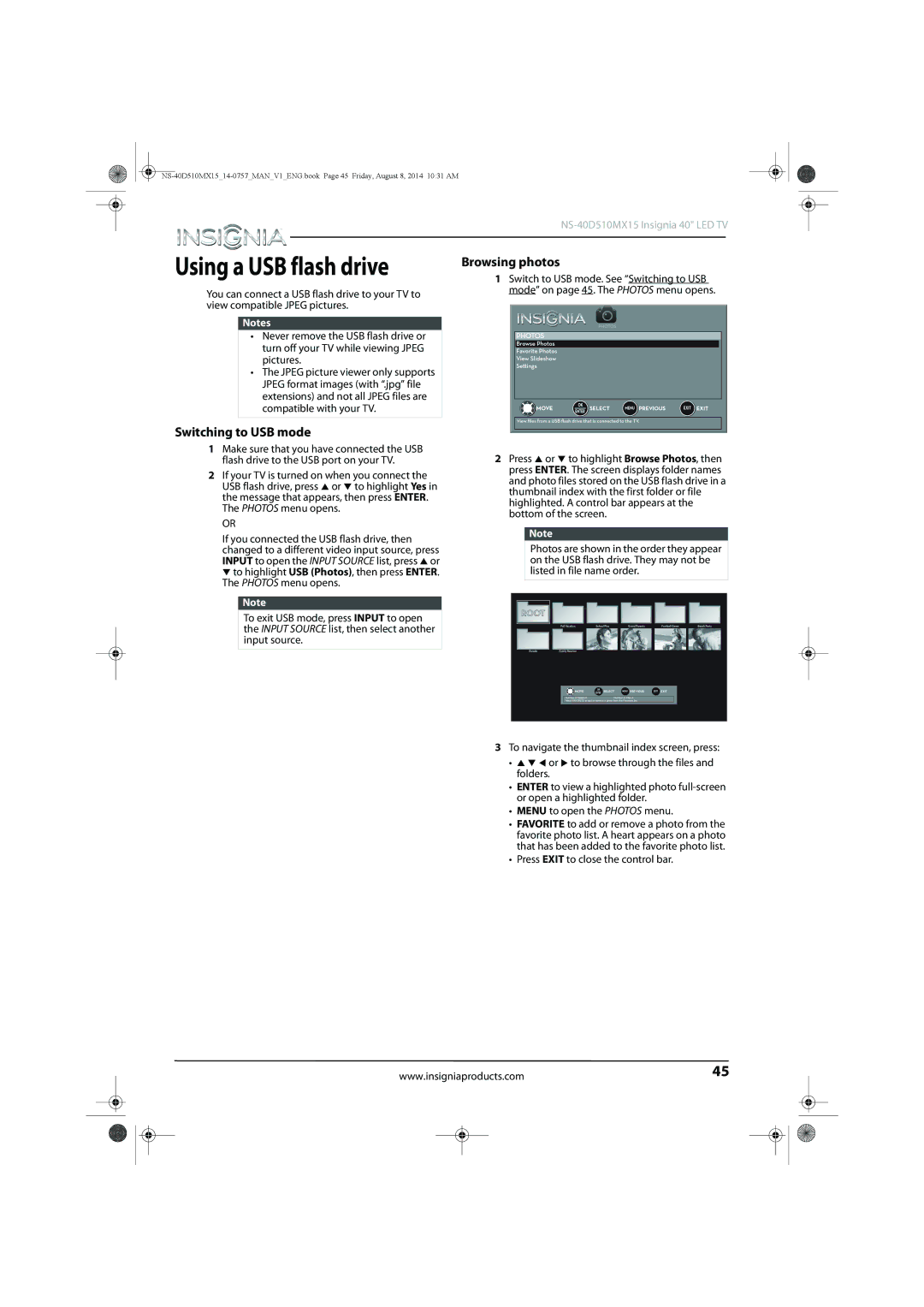 Insignia NS-40D510MX15 manual Using a USB flash drive, Switching to USB mode Browsing photos 