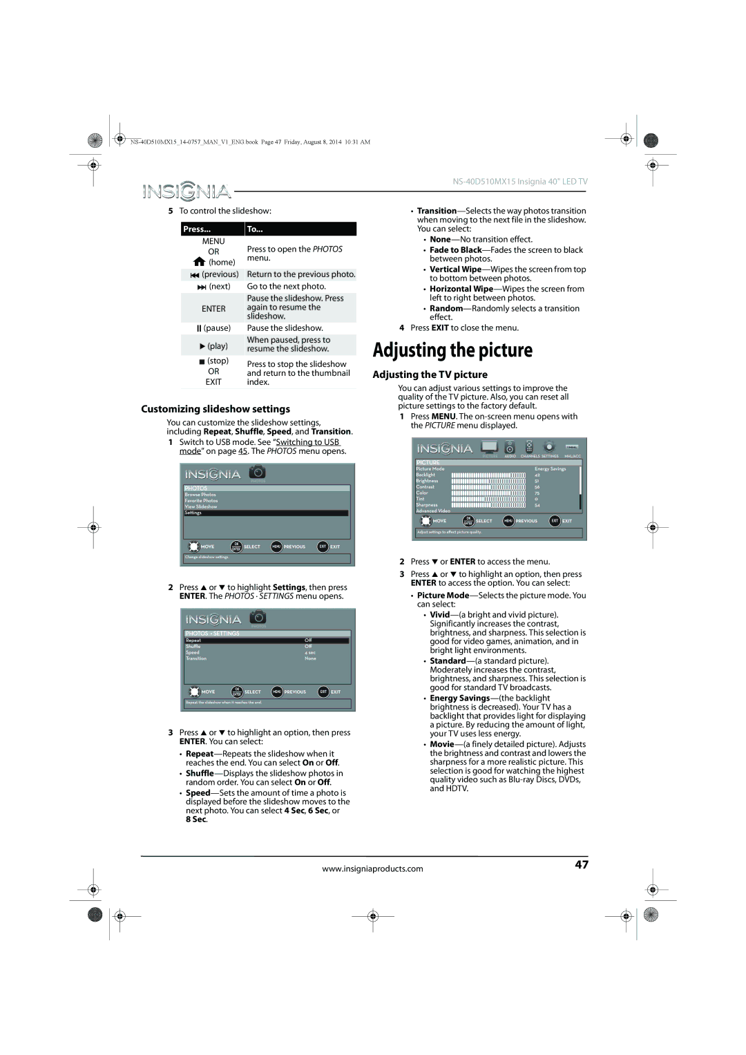 Insignia NS-40D510MX15 manual Adjusting the picture, Adjusting the TV picture, Customizing slideshow settings, Sec 