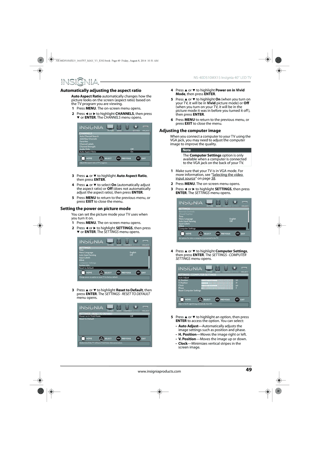 Insignia NS-40D510MX15 manual Automatically adjusting the aspect ratio, Setting the power on picture mode 