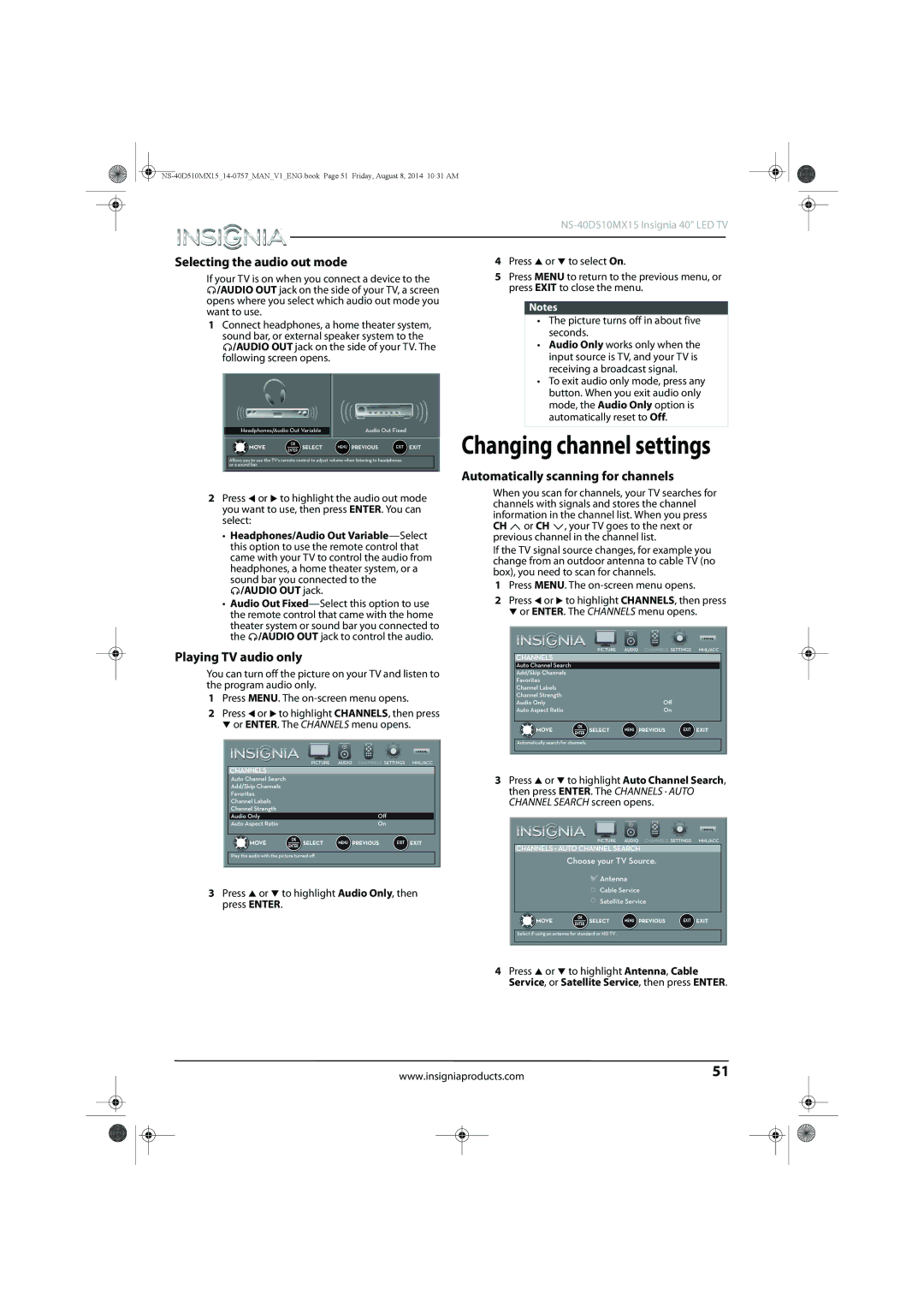 Insignia NS-40D510MX15 manual Selecting the audio out mode, Automatically scanning for channels, Playing TV audio only 