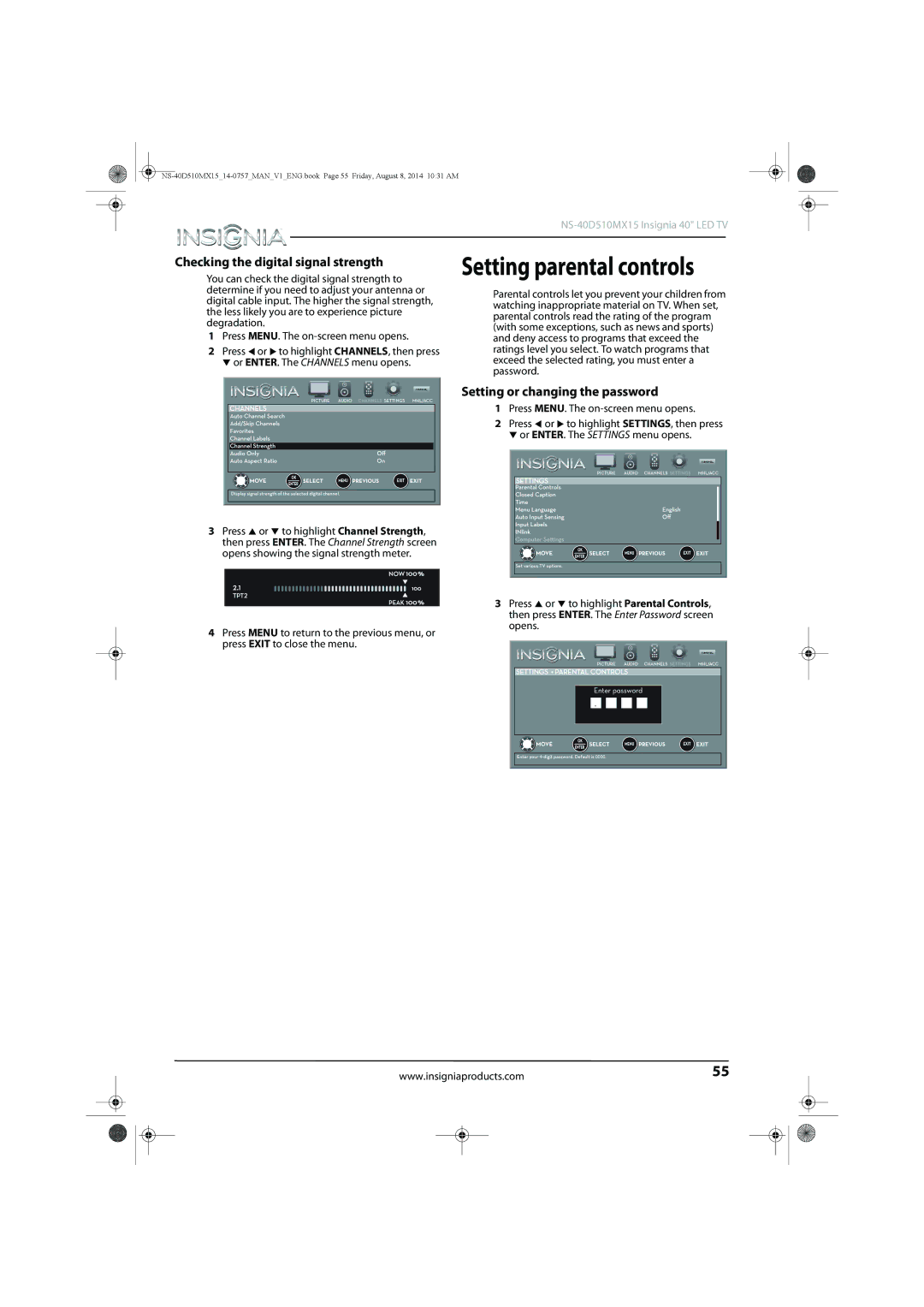 Insignia NS-40D510MX15 Setting parental controls, Checking the digital signal strength, Setting or changing the password 