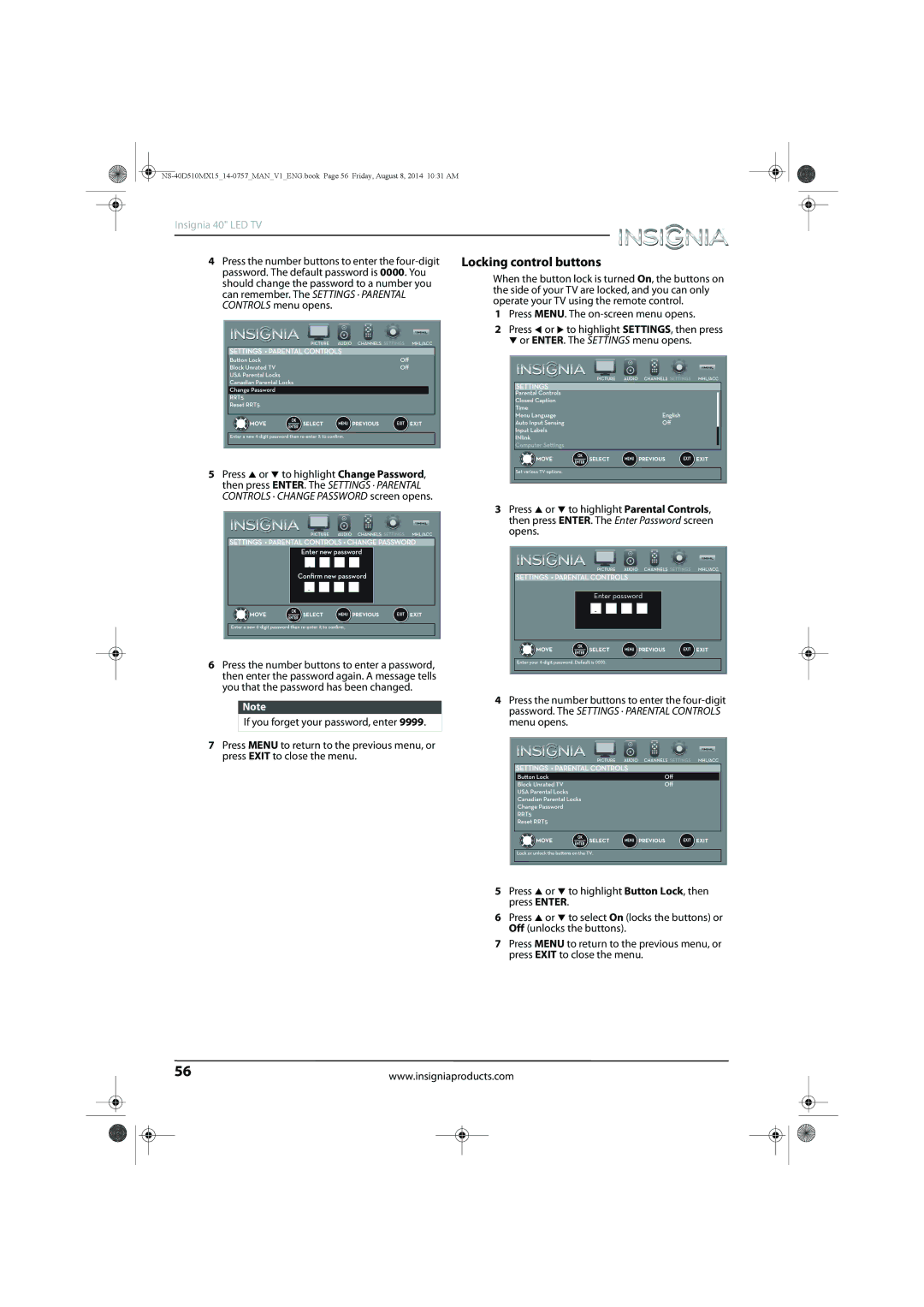 Insignia NS-40D510MX15 manual Locking control buttons, Can remember. The Settings · Parental 