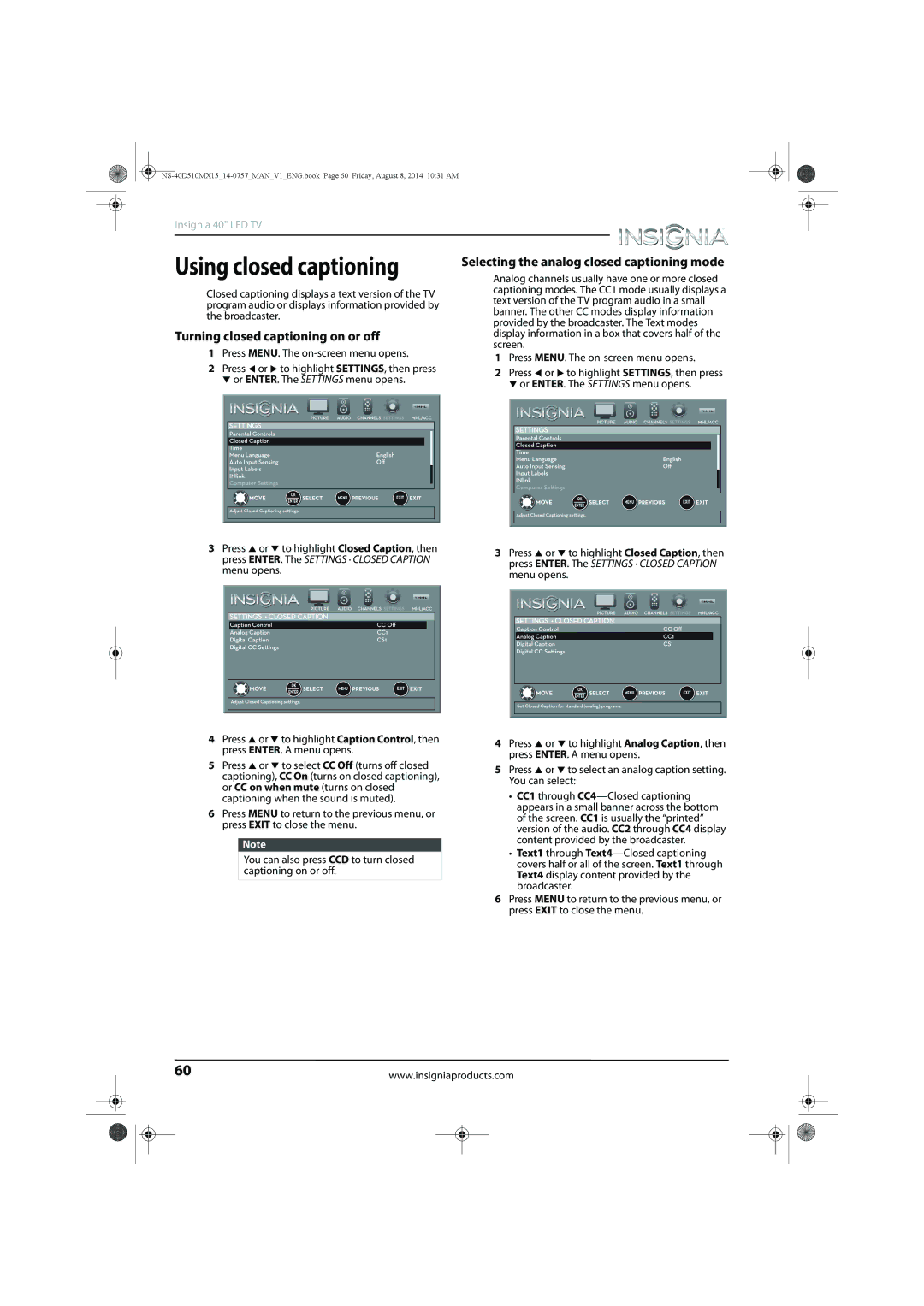 Insignia NS-40D510MX15 manual Turning closed captioning on or off, Selecting the analog closed captioning mode 