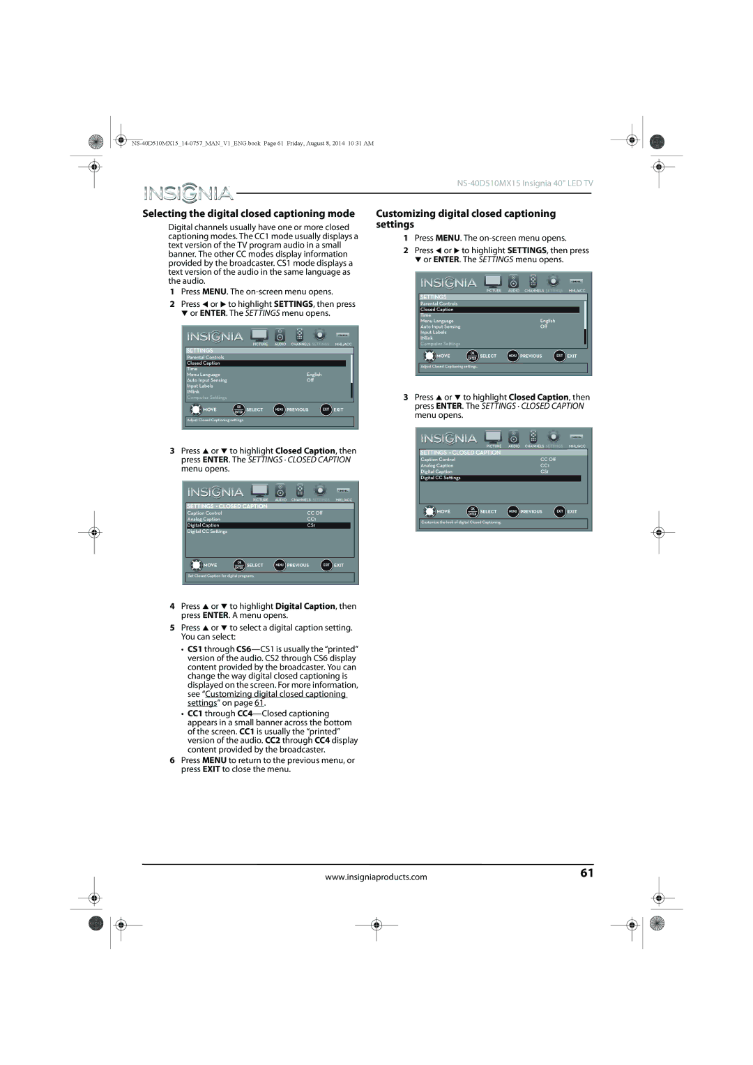 Insignia NS-40D510MX15 manual Selecting the digital closed captioning mode, Customizing digital closed captioning settings 