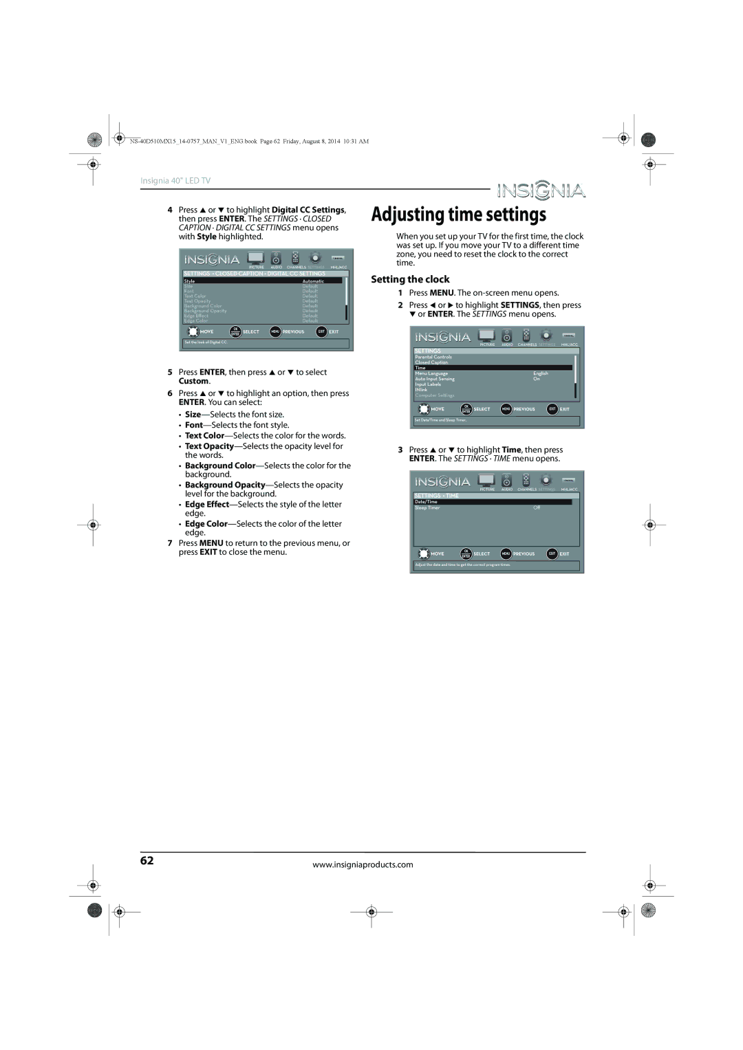 Insignia NS-40D510MX15 manual Adjusting time settings, Setting the clock 