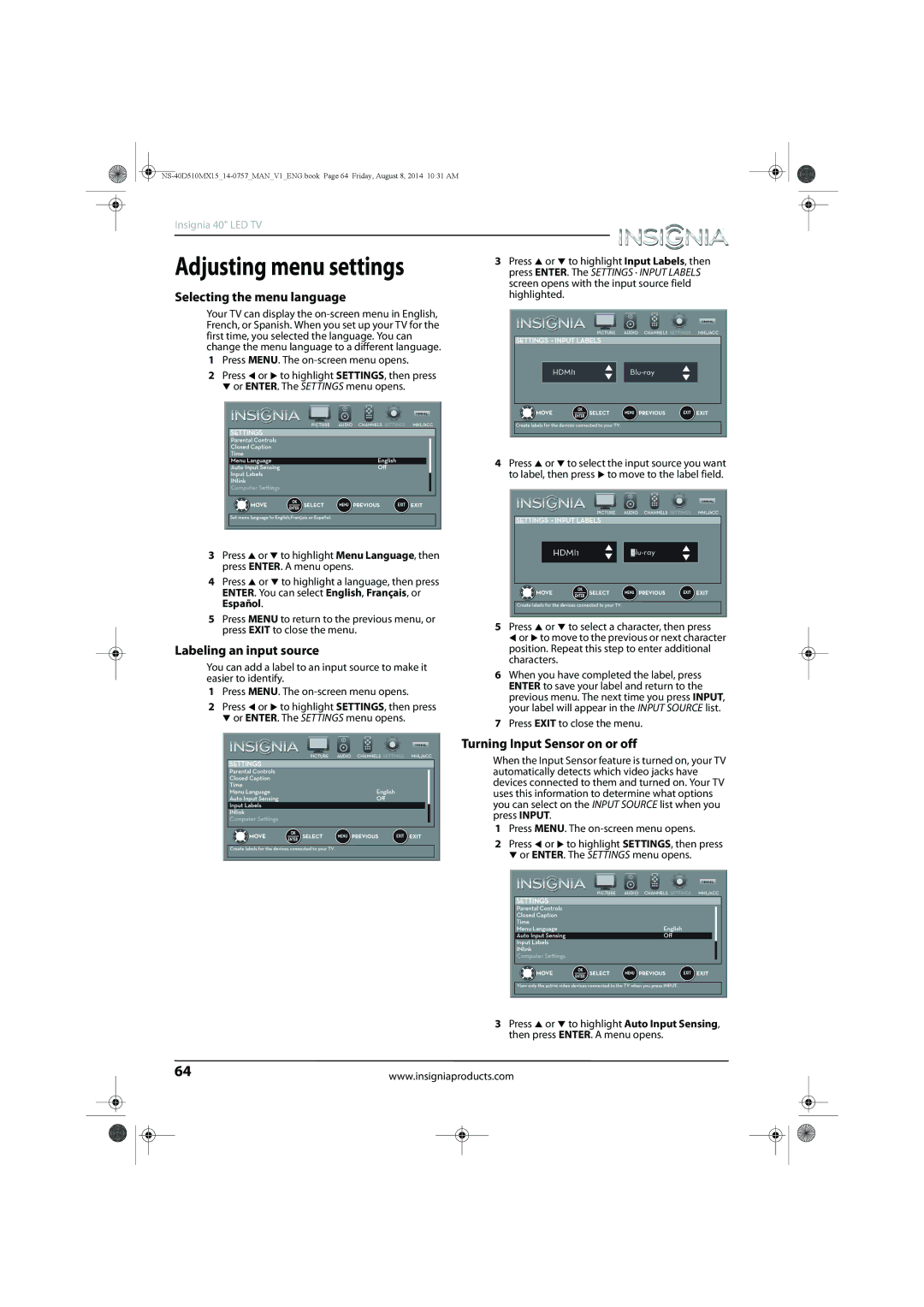 Insignia NS-40D510MX15 manual Adjusting menu settings, Selecting the menu language, Labeling an input source 