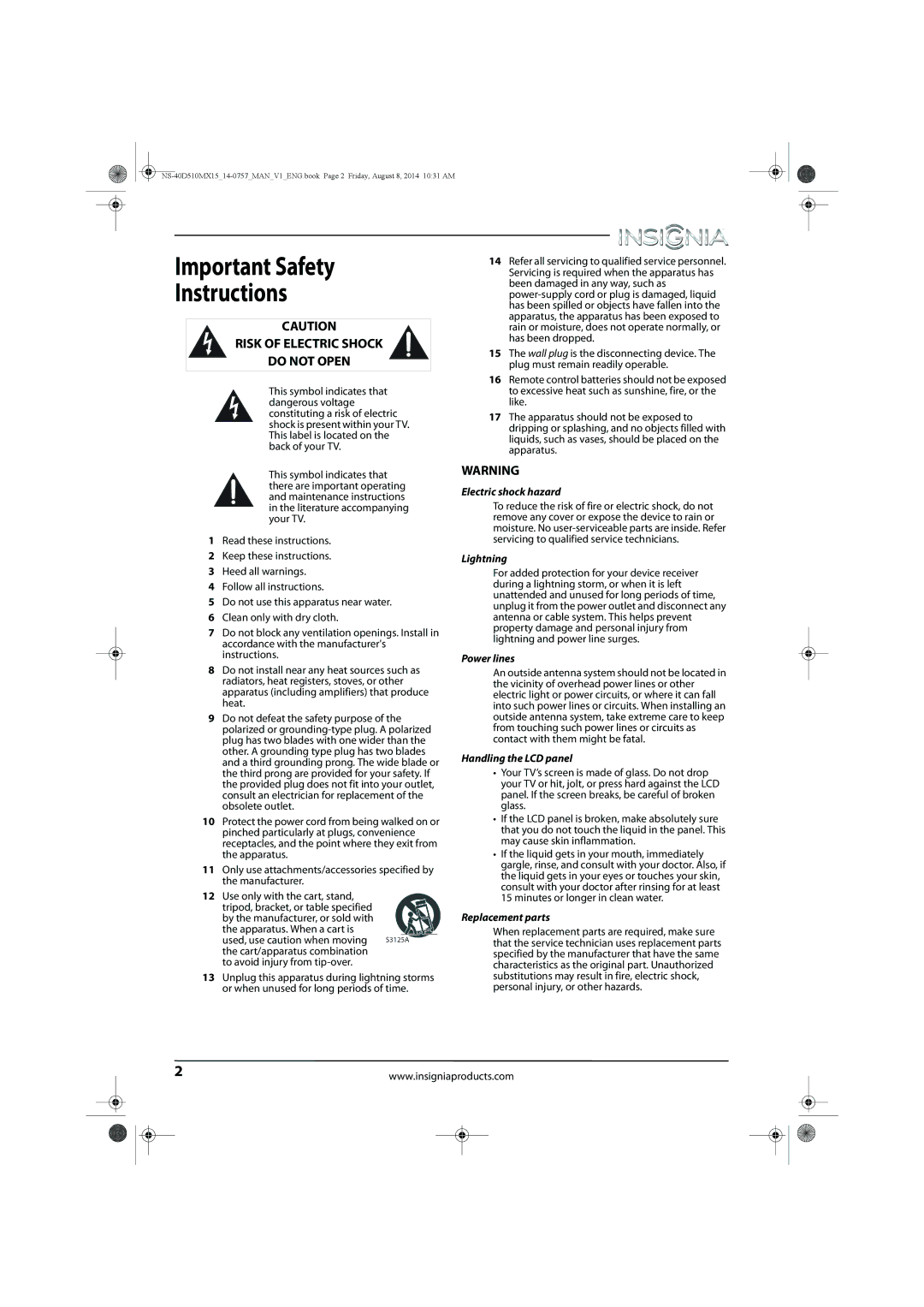 Insignia NS-40D510MX15 manual Important Safety Instructions, Risk of Electric Shock Do not Open 