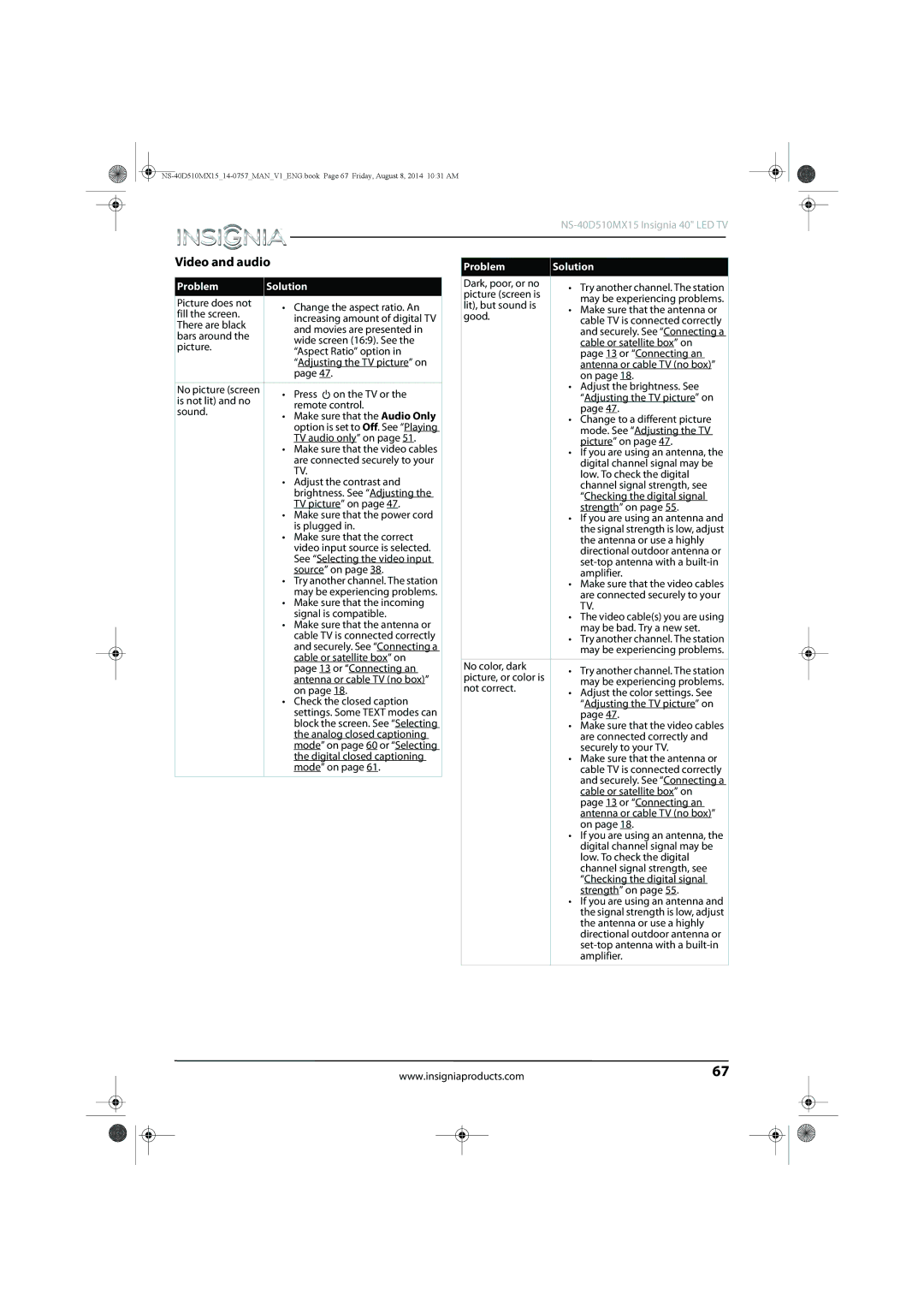 Insignia NS-40D510MX15 manual Video and audio, Problem Solution 