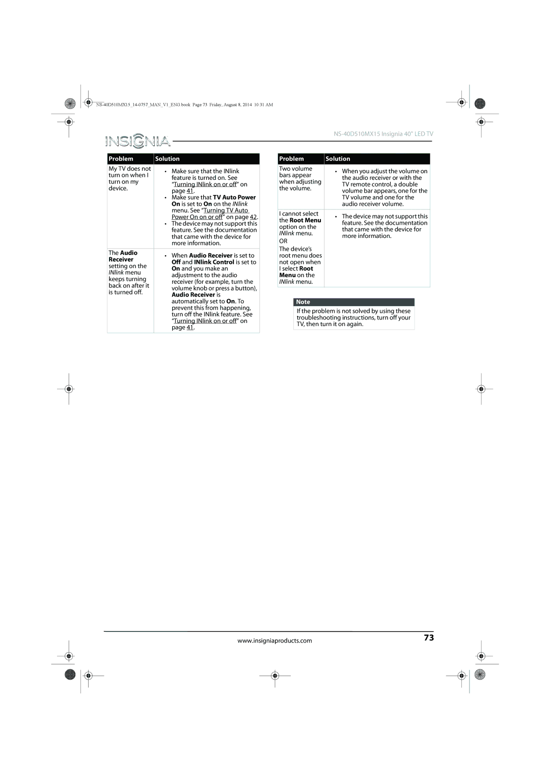 Insignia NS-40D510MX15 manual Root Menu, Audio Receiver is 