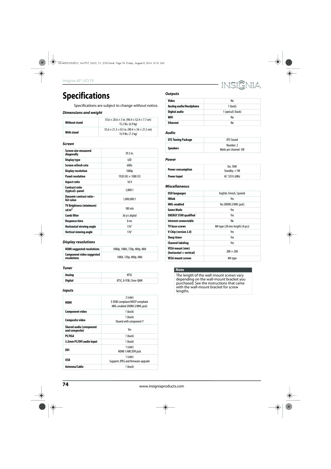 Insignia NS-40D510MX15 manual Specifications are subject to change without notice 