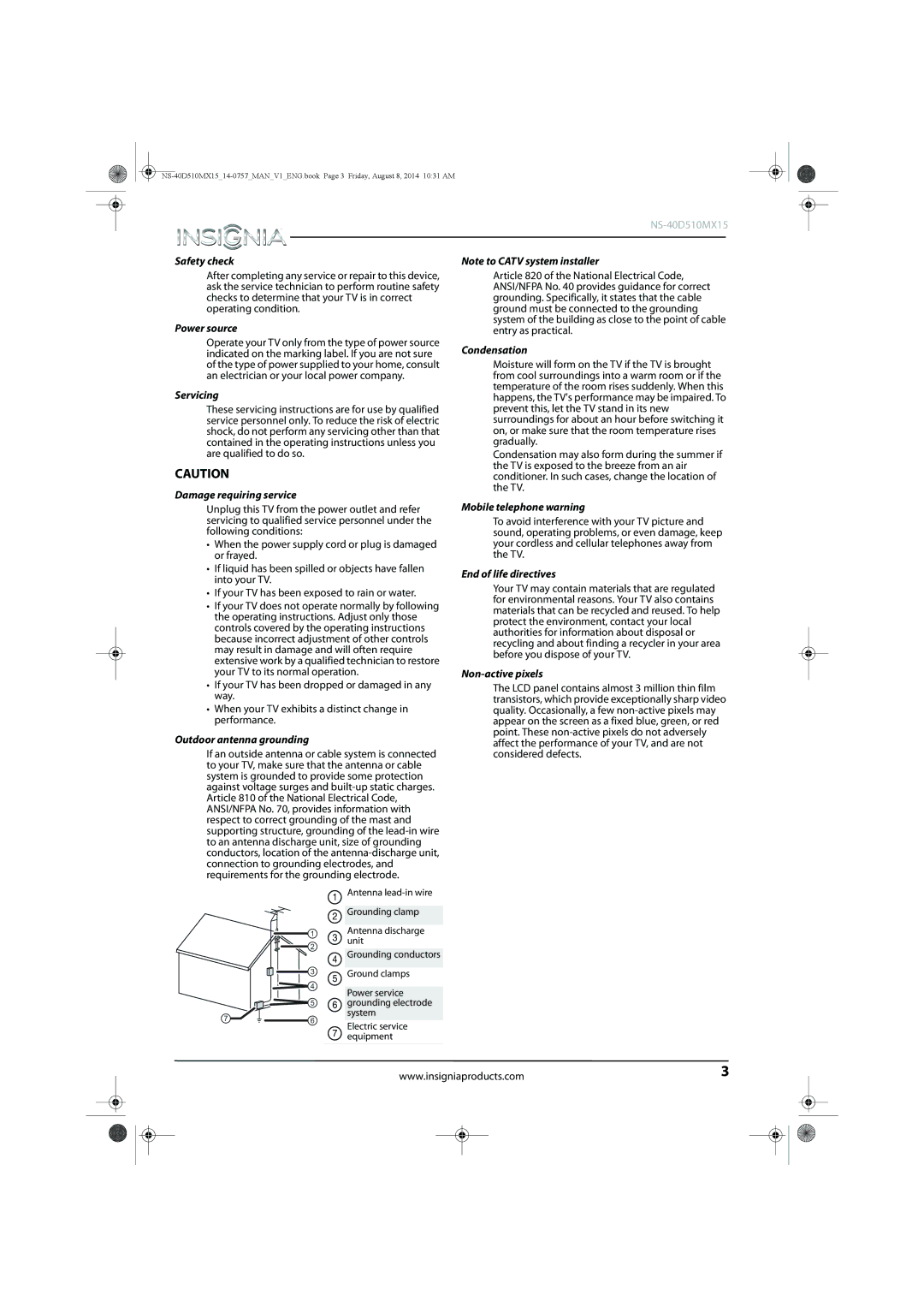 Insignia NS-40D510MX15 manual Safety check 