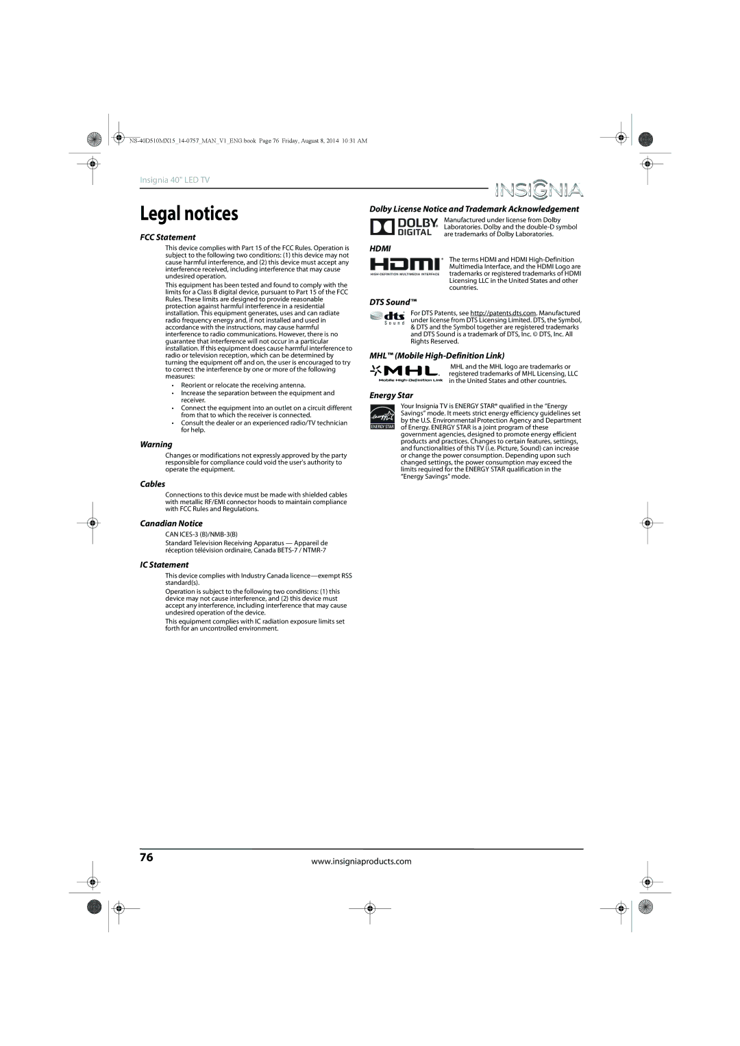 Insignia NS-40D510MX15 manual Legal notices, FCC Statement 