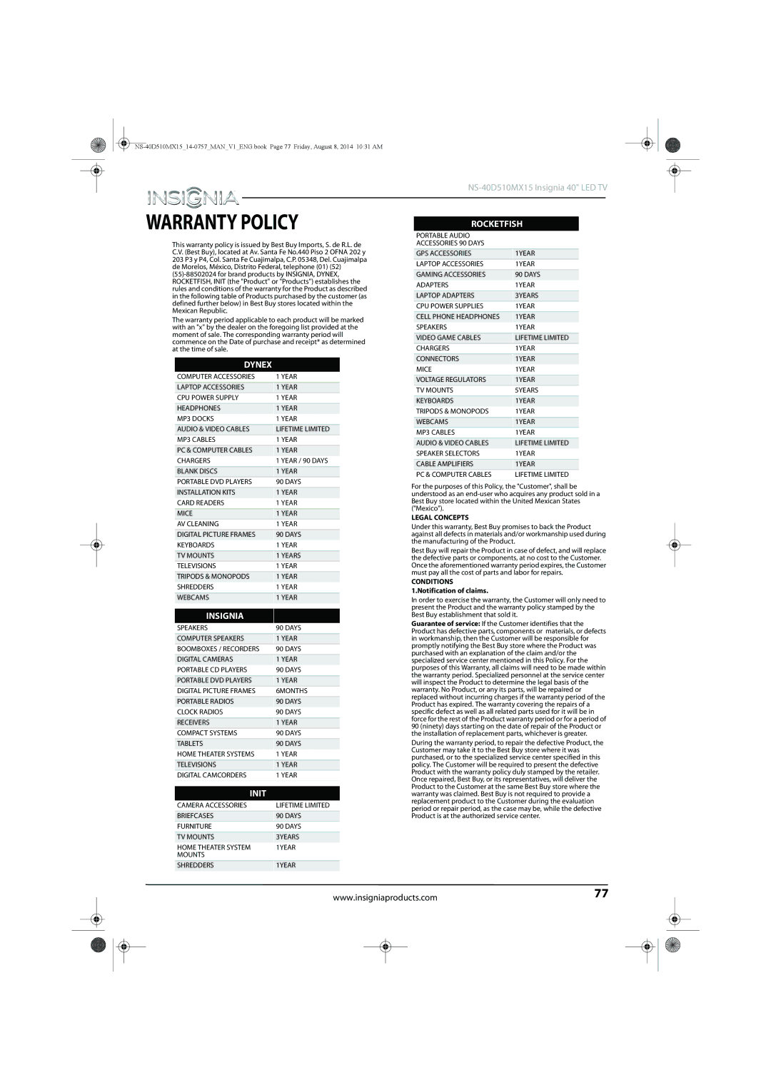 Insignia NS-40D510MX15 manual Warranty Policy 