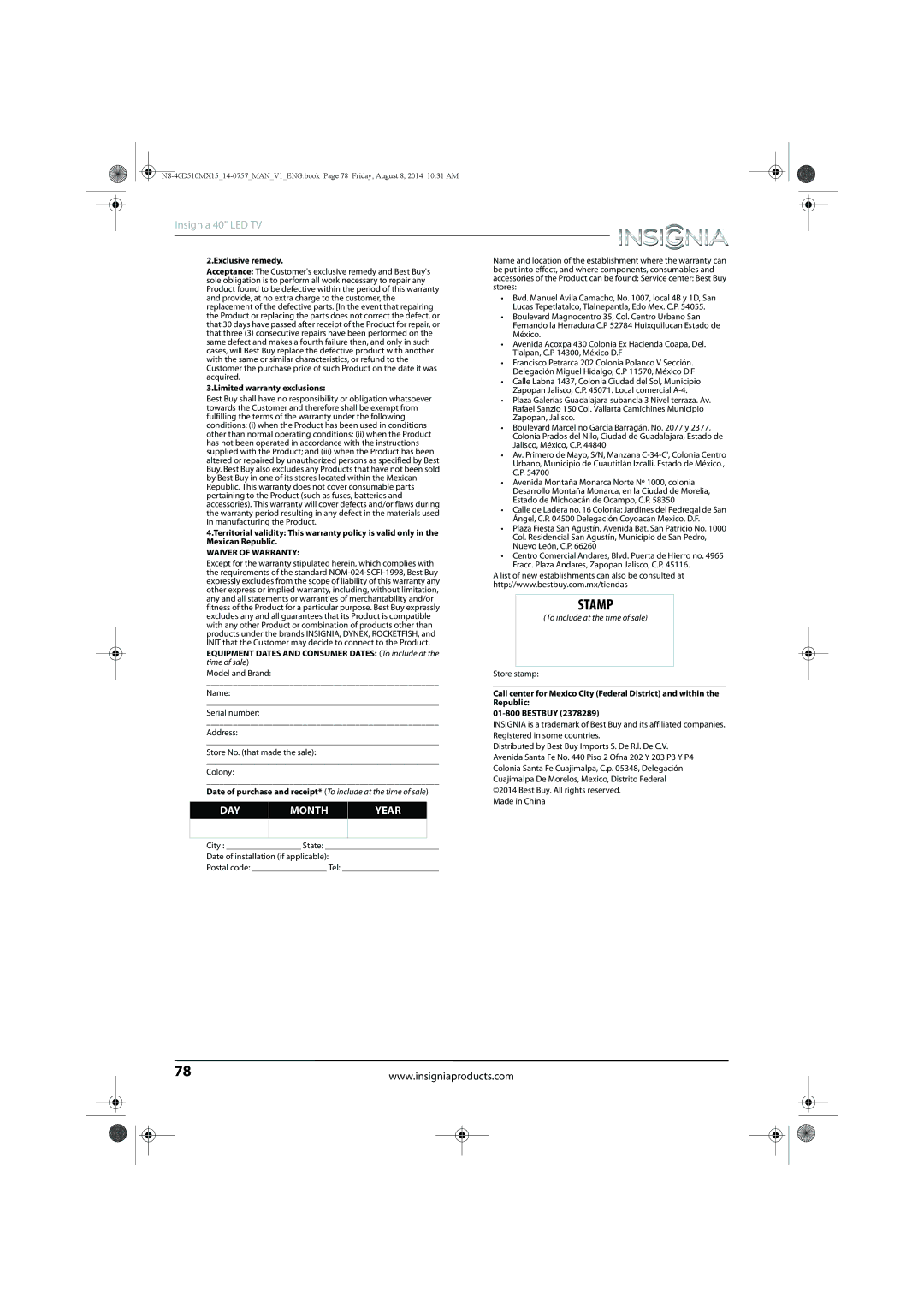 Insignia NS-40D510MX15 manual Stamp 