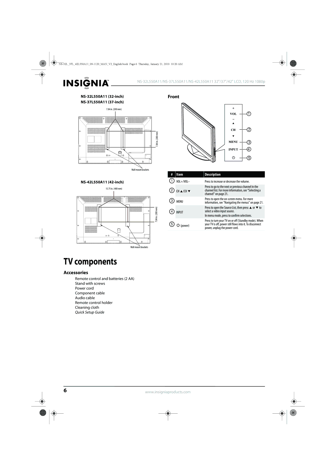 Insignia manual Accessories, NS-32L550A11 32-inch, NS-37L550A11 37-inch, NS-42L550A11 42-inch 