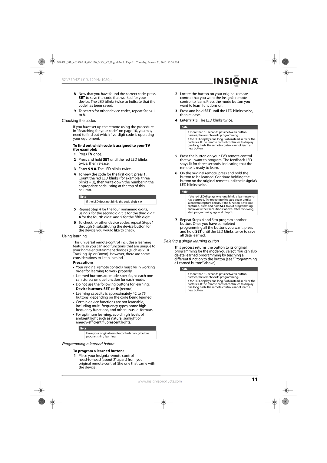 Insignia NS-42L550A11 manual Checking the codes, To find out which code is assigned to your TV for example, Using learning 