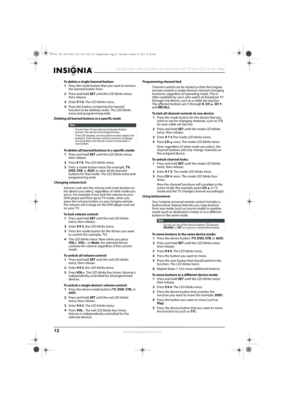 Insignia NS-32L550A11 Deleting all learned buttons in a specific mode, Changing volume lock, Programming channel lock 