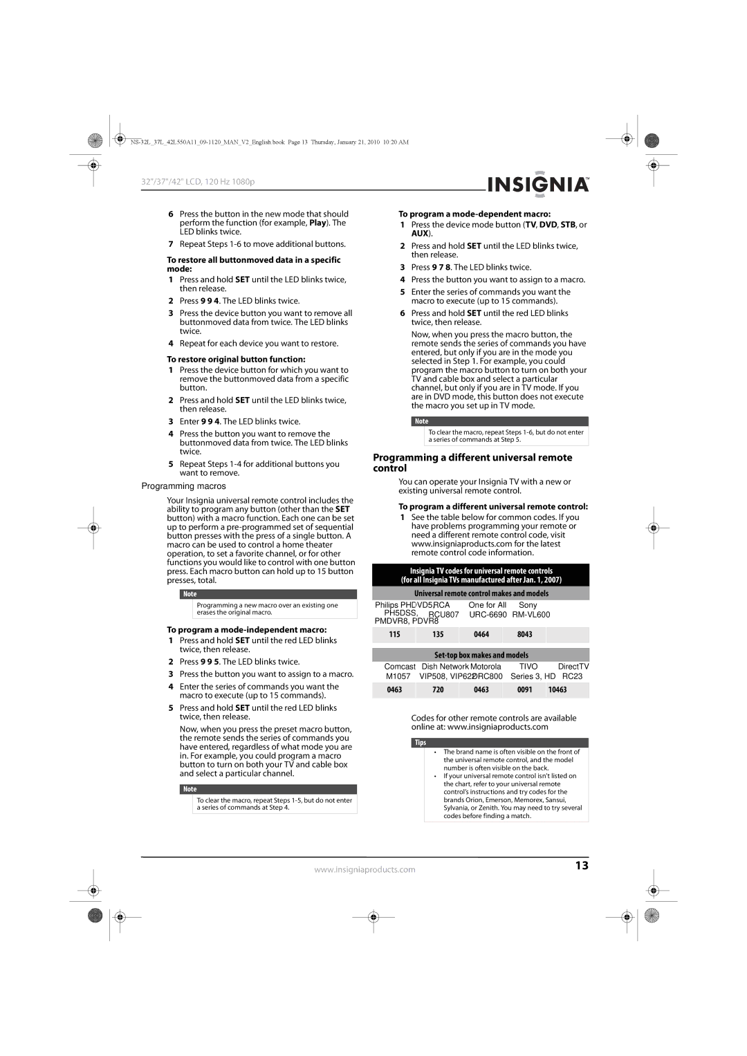 Insignia NS-37L550A11, NS-42L550A11, NS-32L550A11 Programming a different universal remote, Control, Programming macros 