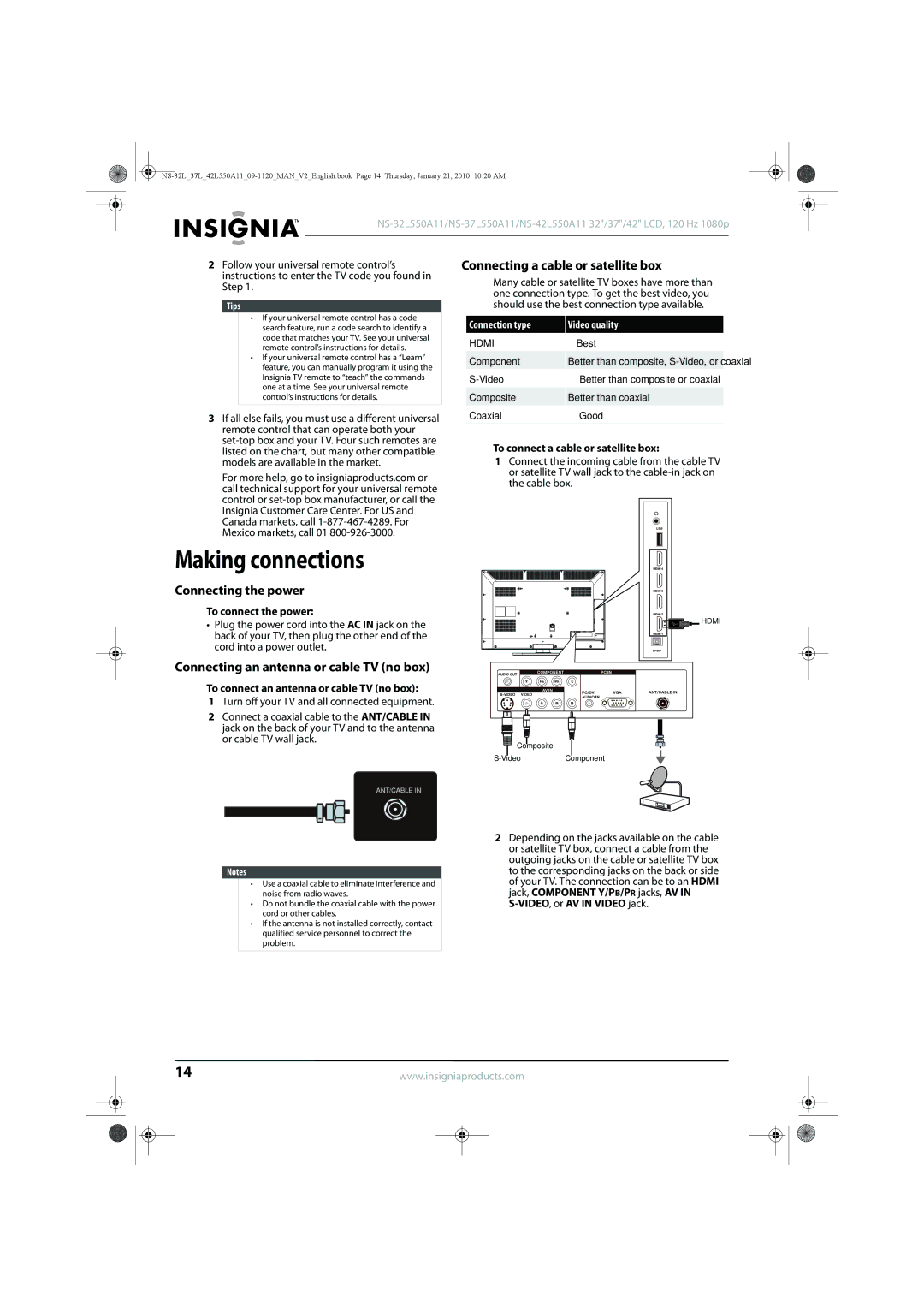 Insignia NS-42L550A11, NS-32L550A11 manual Making connections, Connecting a cable or satellite box, Connecting the power 