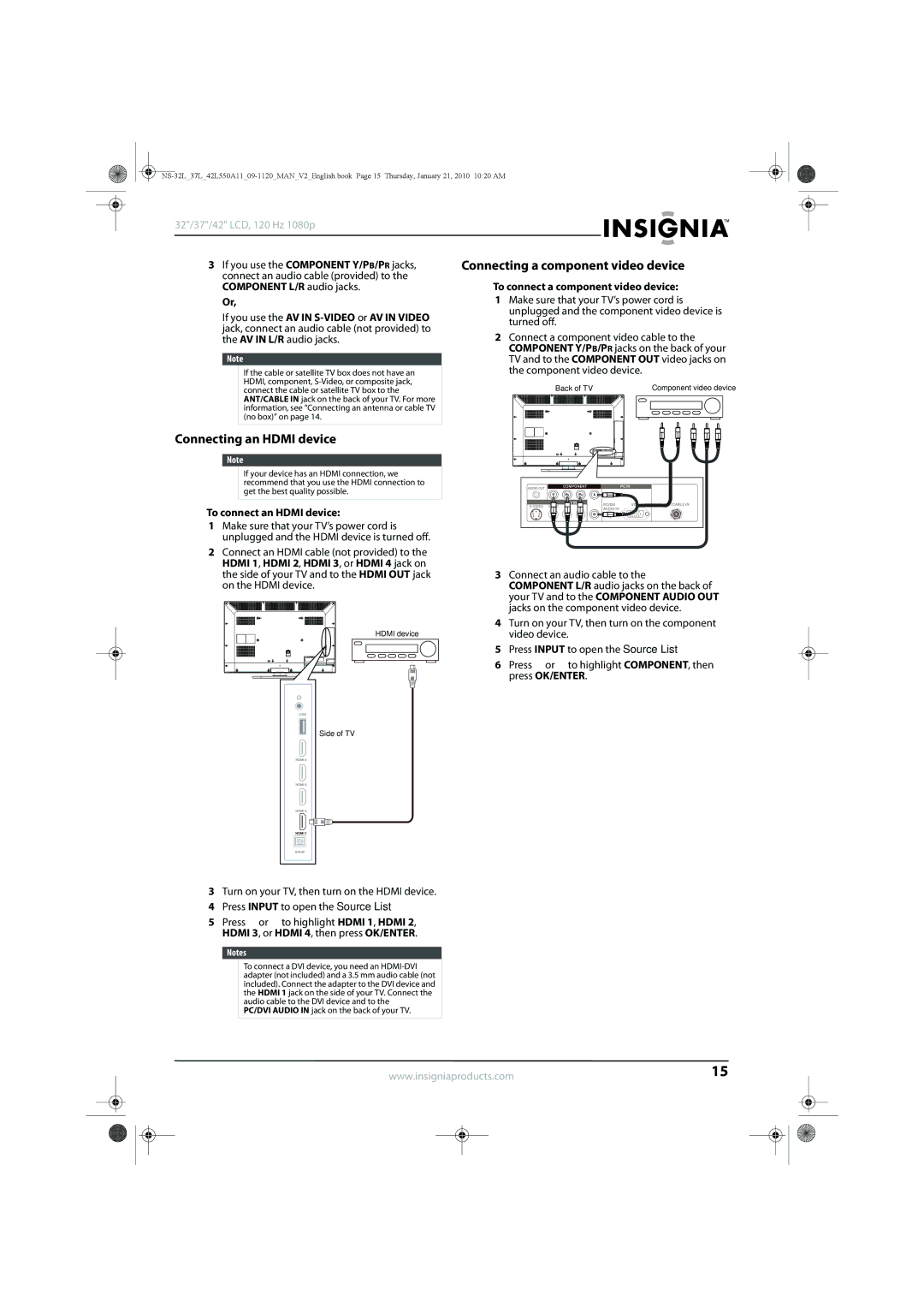 Insignia NS-32L550A11 manual Connecting a component video device, Connecting an Hdmi device, To connect an Hdmi device 