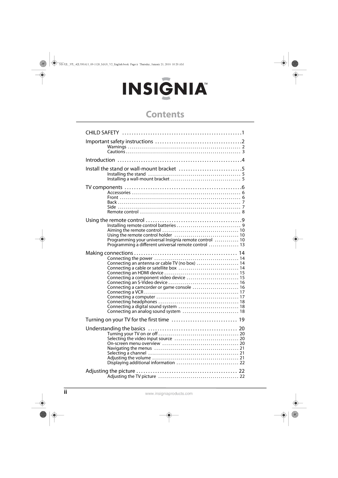 Insignia NS-37L550A11, NS-42L550A11, NS-32L550A11 manual Contents 