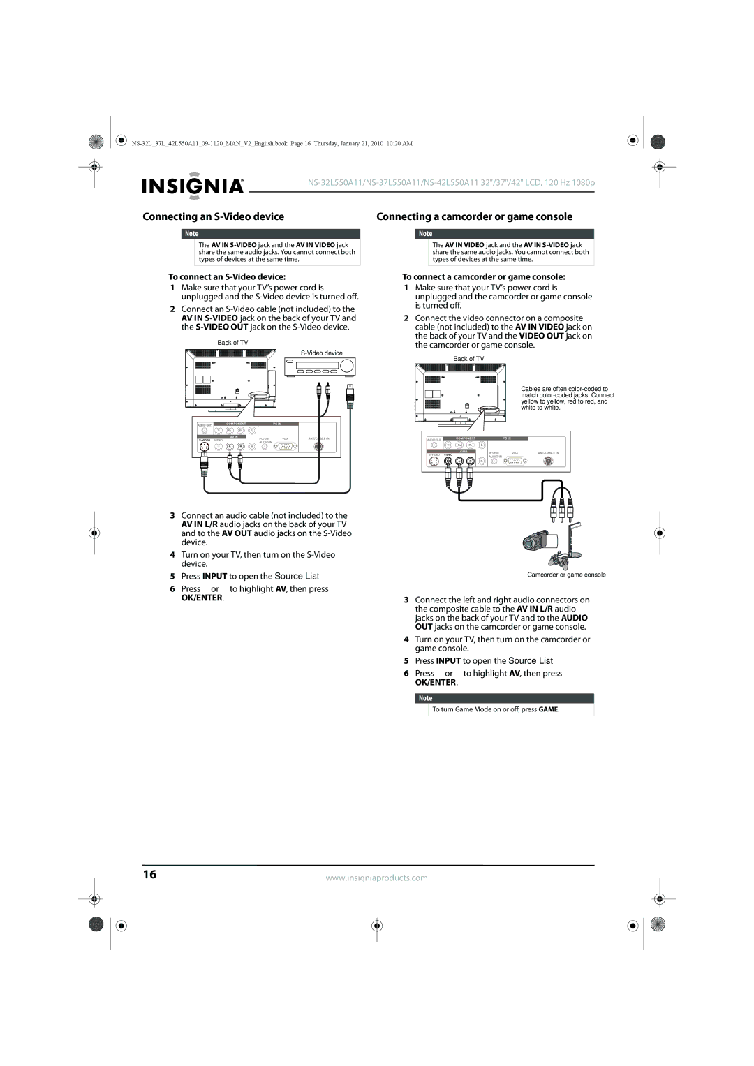 Insignia NS-37L550A11 Connecting an S-Video device, Connecting a camcorder or game console, To connect an S-Video device 