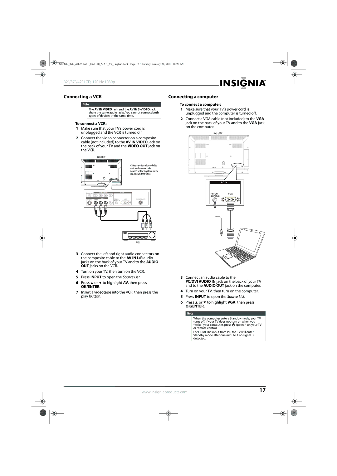 Insignia NS-42L550A11, NS-32L550A11 manual Connecting a VCR, Connecting a computer, To connect a VCR, To connect a computer 