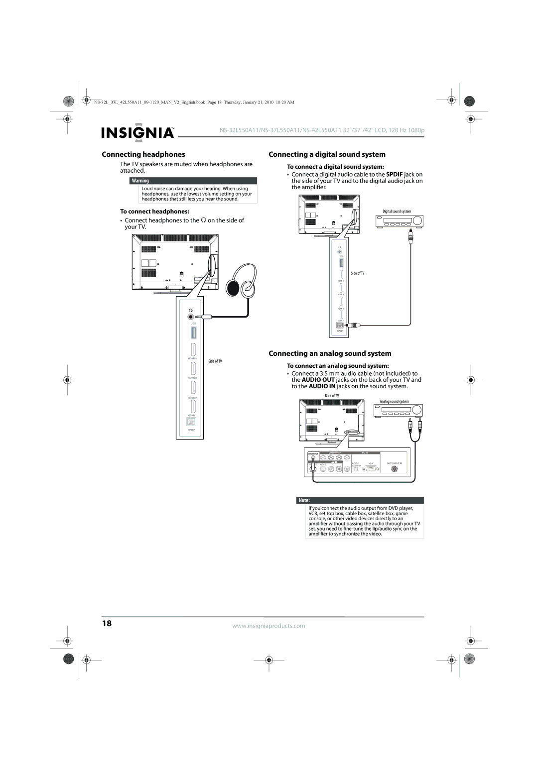 Insignia NS-32L550A11 manual Connecting headphones, Connecting a digital sound system, Connecting an analog sound system 