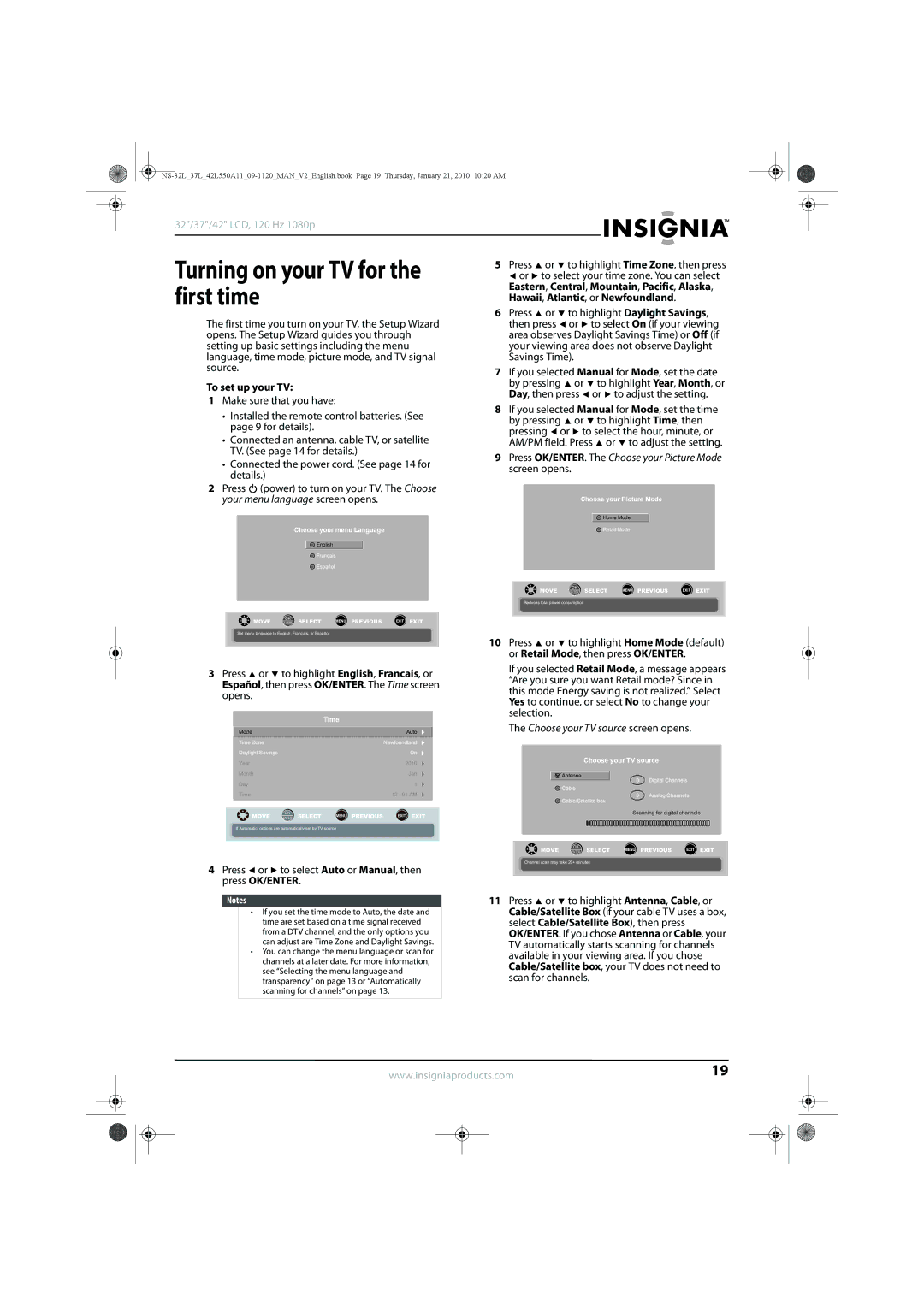 Insignia NS-37L550A11 First time, Hawaii, Atlantic, or Newfoundland, To highlight Daylight Savings, To set up your TV 