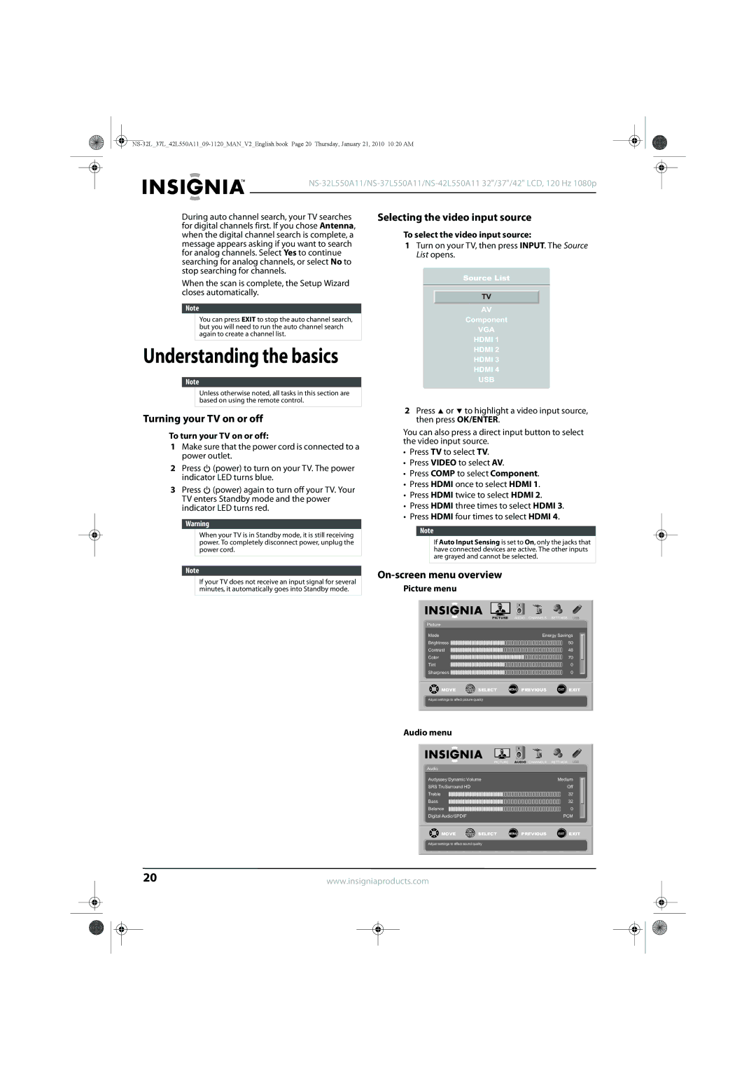 Insignia NS-42L550A11, NS-32L550A11 Selecting the video input source, Turning your TV on or off, On-screen menu overview 