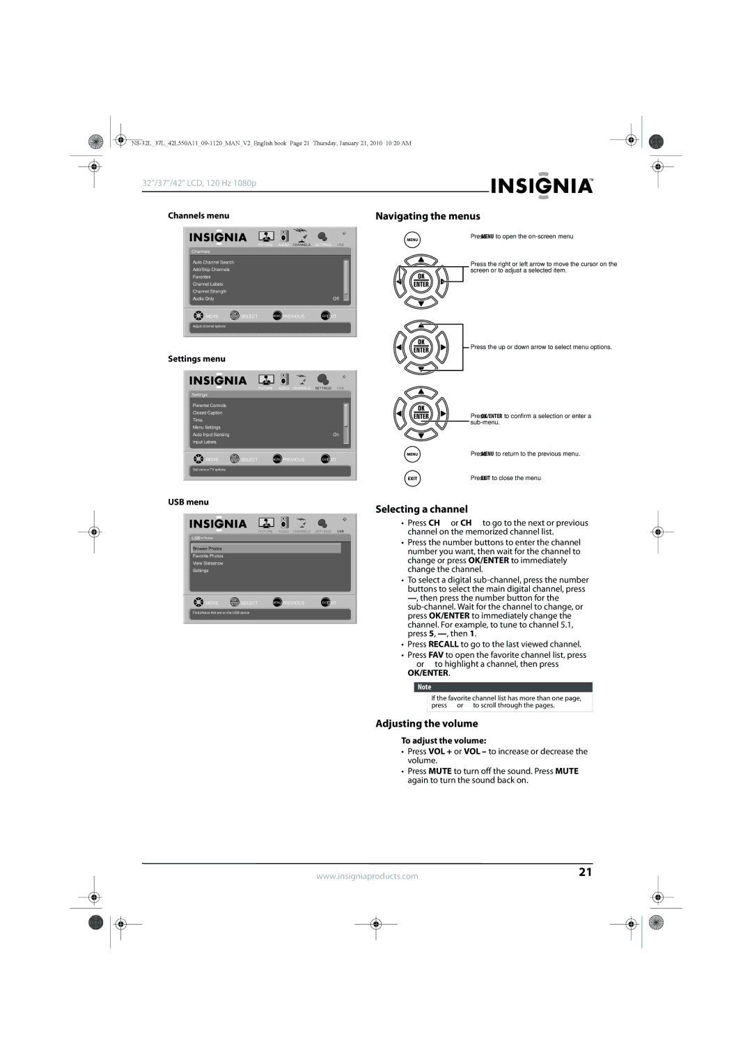 Insignia NS-32L550A11, NS-42L550A11, NS-37L550A11 manual Navigating the menus, Selecting a channel, Adjusting the volume 