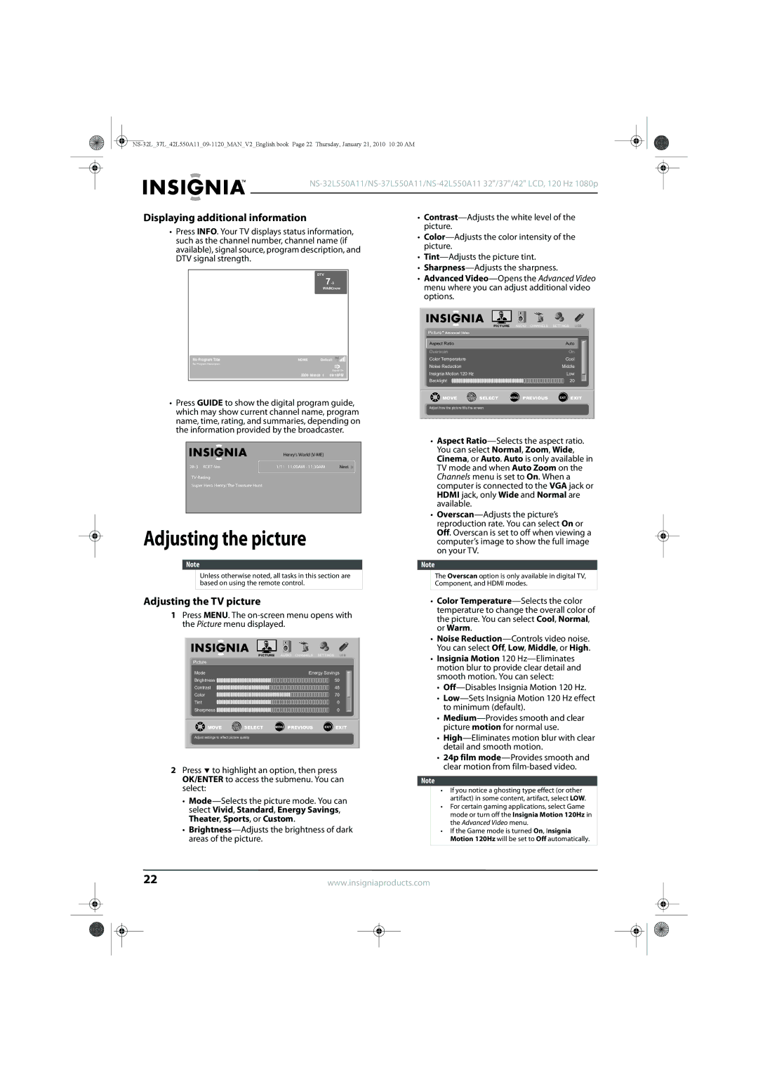 Insignia NS-37L550A11, NS-42L550A11 Adjusting the picture, Displaying additional information, Adjusting the TV picture 